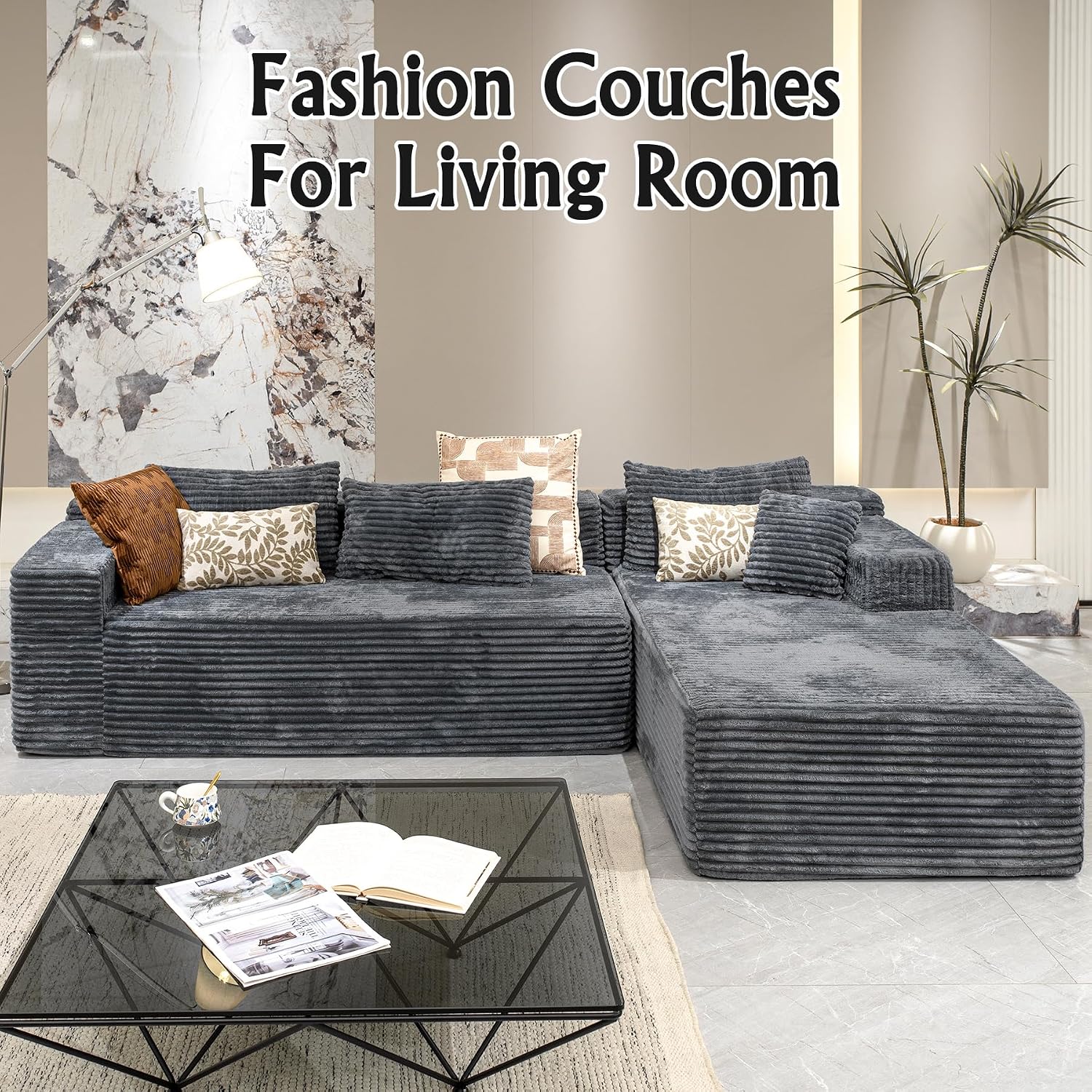 Sectional Couches for Living Room Corduroy Couch, 104' Cloud Boneless Couch with L-Shape Chaise, Modern Modular Sofa, Deep Seat Comfort, No Assembly Required(Plush Corduroy, Right Facing Chaise)