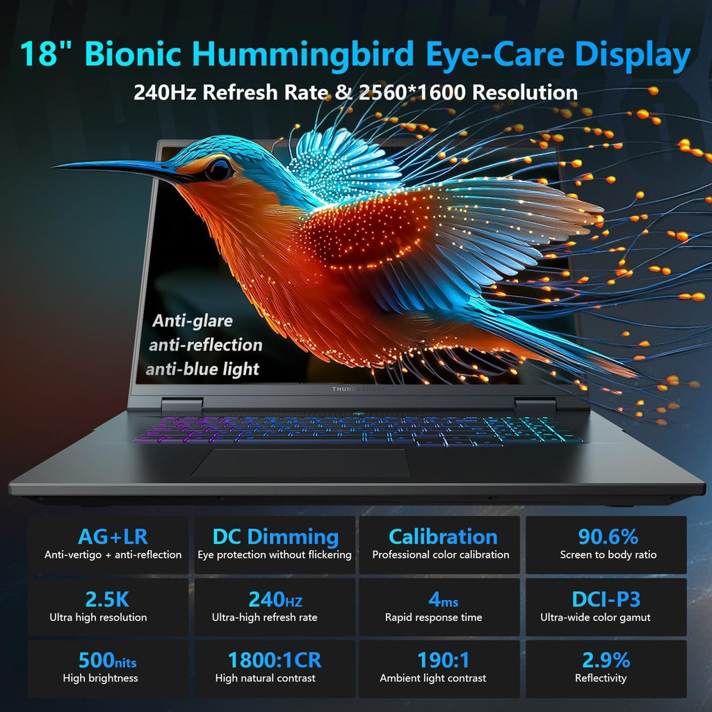 Thunderobot Zero 18 Pro 5090 Gaming Laptop, 18' QHD+ 240Hz 2.5K Hummingbird Display, Core Ultra 9 275HX, GeForce RTX 5090, 32GB DDR5, 1TB SSD, Per-Key RGB, FHD IR Camera, Wi-Fi 6E, Win 11 Home