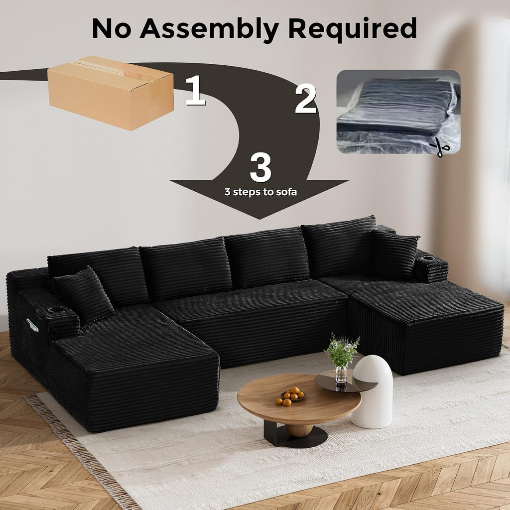 133' Oversized Cloud Boneless Sofa Couch with Chaise, Modern Corduroy U Shaped Modular Sectional Sofa with Deep Seat, Comfy Couch with Cupholders and Storage, No Assembly Required-Black