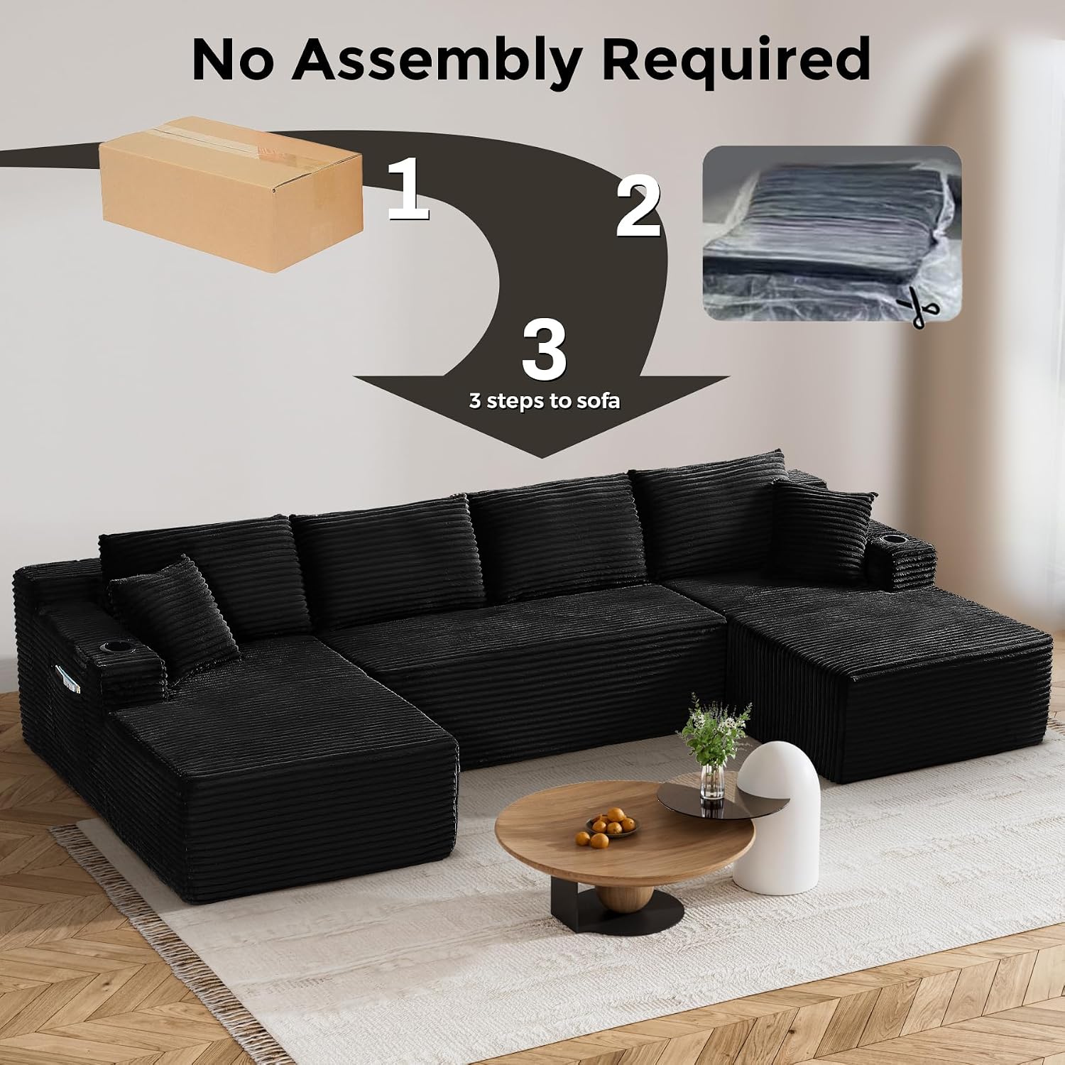 133' Oversized Cloud Boneless Sofa Couch with Chaise, Modern Corduroy U Shaped Modular Sectional Sofa with Deep Seat, Comfy Couch with Cupholders and Storage, No Assembly Required-Black