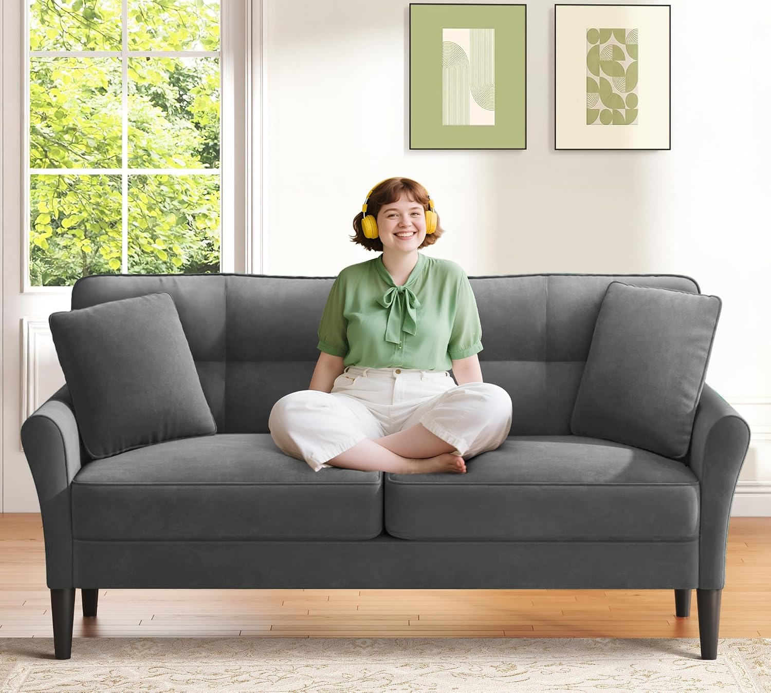 Loveseat Sofa, 69' Love Seat Couches, Comfy Velvet Small Couches for Small Spaces with 2 Pillows, Tool-Free Setup Sofas & Couches, 700lb Load Sofas for Living Room, Mini Couch for Bedroom, Charcoal