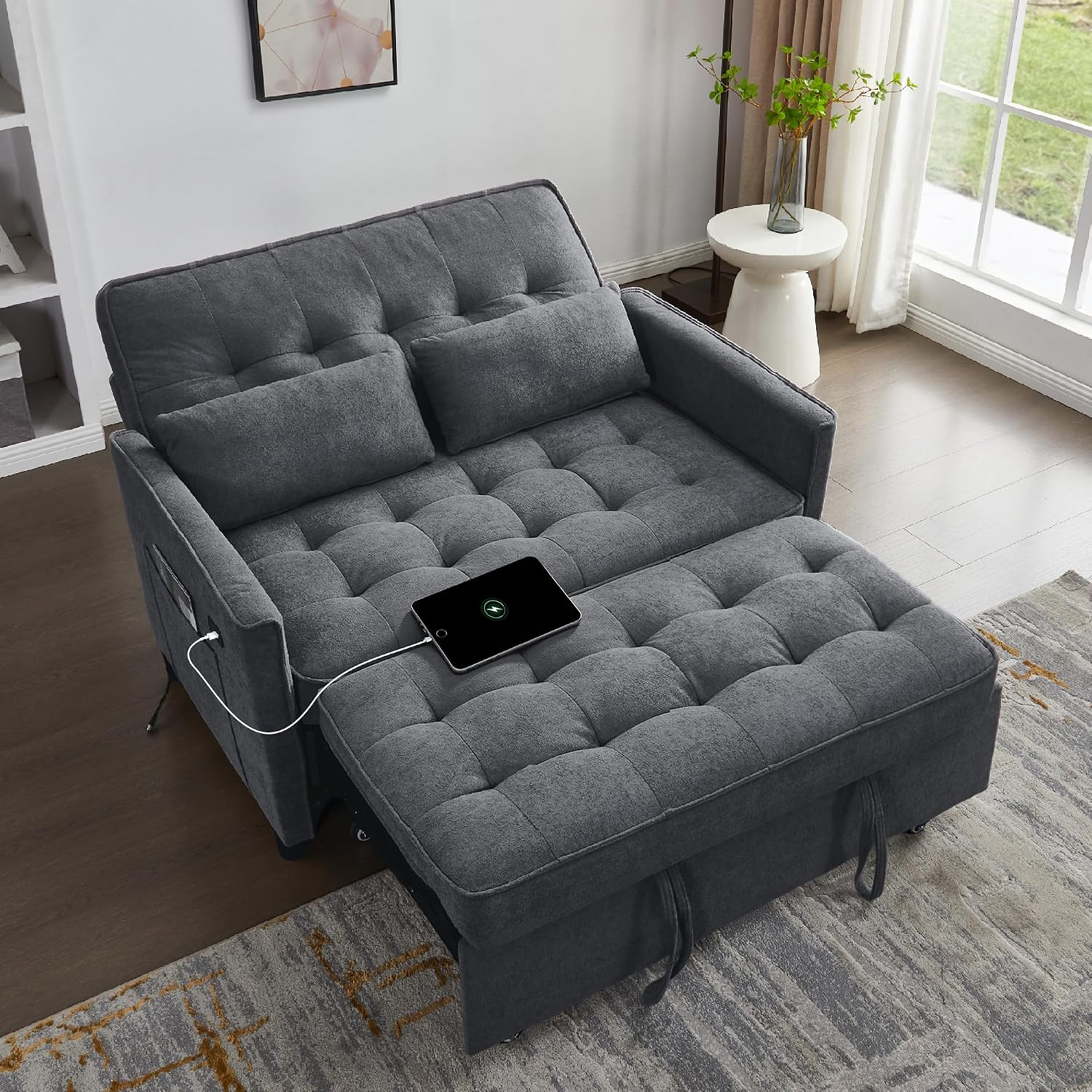 Convertible Sofa Bed, 3 in 1 Pull Out Couch, Loveseat Sleeper with Side Pocket, Living Room Sofa with Adjustable Backrest | USB Charging Port | Two Pillows | Fabric | Slate Gray
