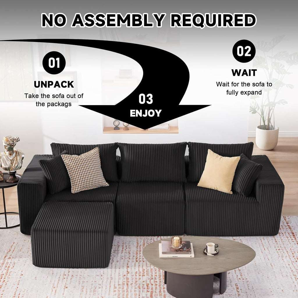 Cloud Couch Sectional, Modular Sofa with Deep Seat, Plush Corduroy U Shaped Boneless Couch, Convertible Sectional Couches for Living Room (Black, 3 Seater & 1 Ottoman)