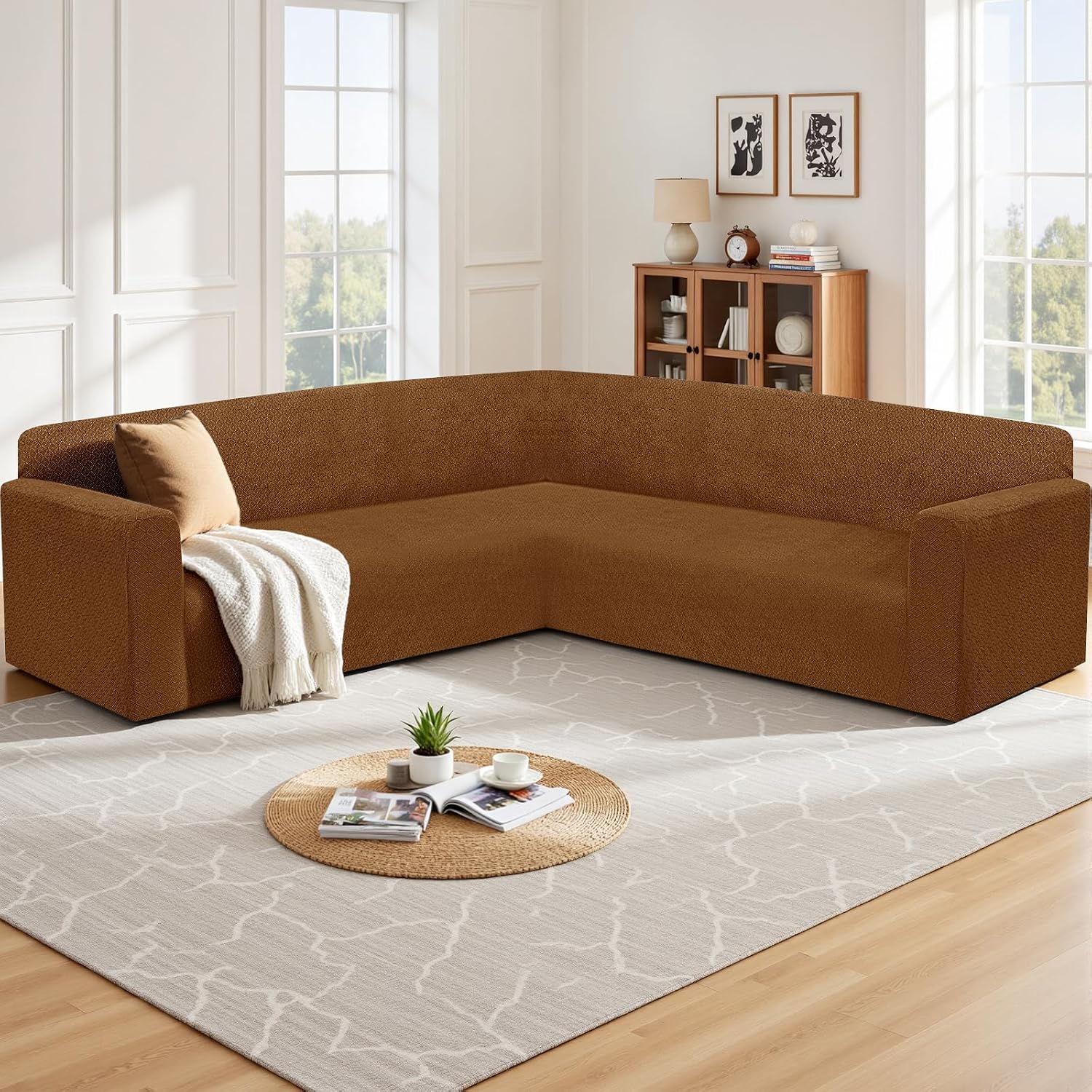 HDCAXKJ Sectional Couch Cover L Shape Stretch Sofa Covers Washable Jacquard Corner Couch Slipcover Non Slip Sectional Slip Cover U Shaped Furniture Protector for Pets Dogs (Caramel, Medium)