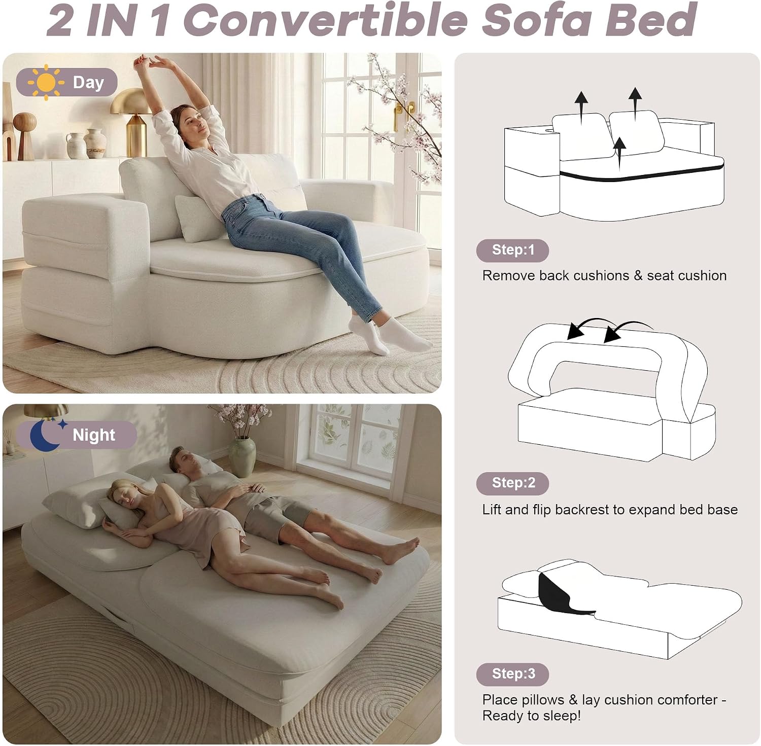 75'' Folding Sleeper Sofa Bed, Convertible Memory Foam Boneless Couch, Foldable Full Size Guest Bed, Modern 2-in-1 Futon Floor Sleeper Sofa with 4 Pillows and Blanket (Teddy, Beige2)