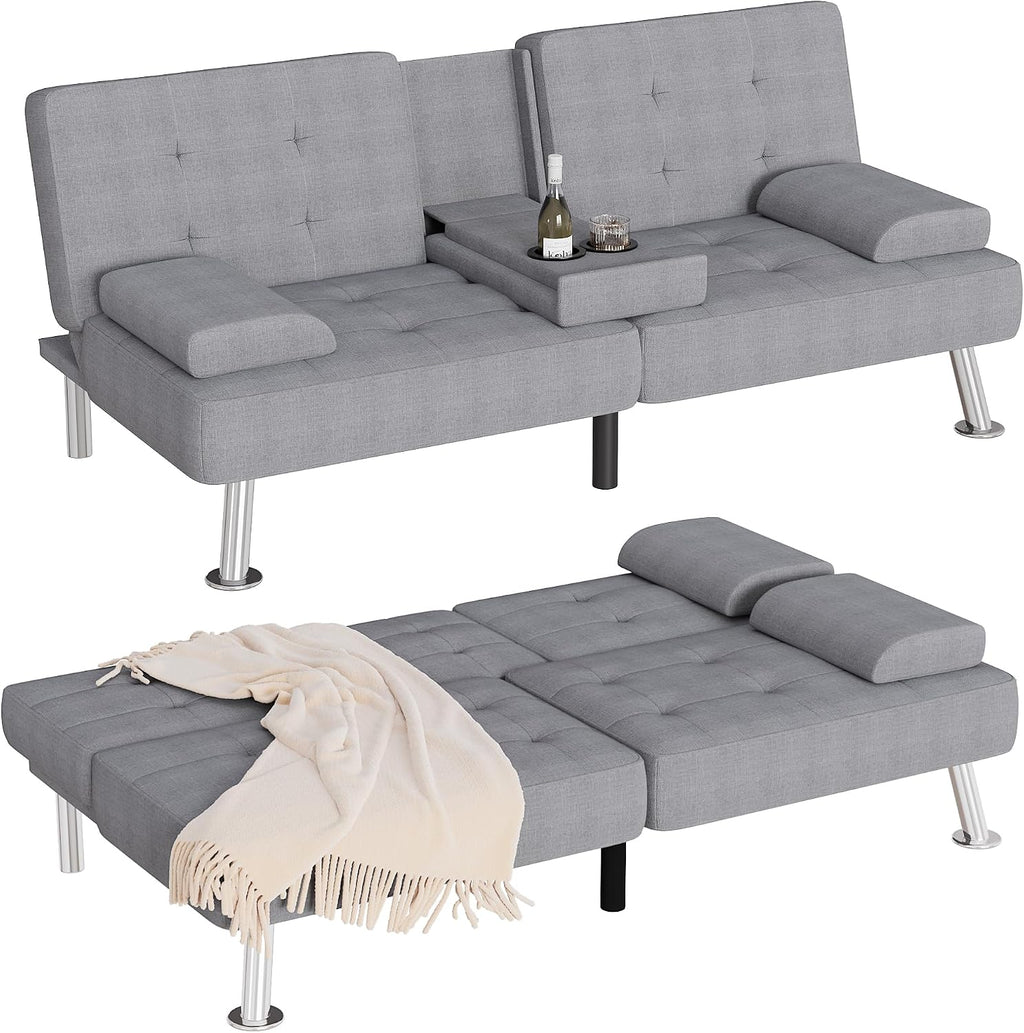 Homall Futon Sofa Bed, Futon Couch with Removable Armrests, Adjustable Recliner Sleeper Sofa Bed with Dual Cup Holders for Living Room, Apartment, Office (Fabric, Light Grey)