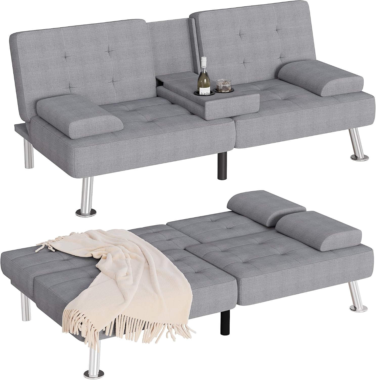 Homall Futon Sofa Bed, Futon Couch with Removable Armrests, Adjustable Recliner Sleeper Sofa Bed with Dual Cup Holders for Living Room, Apartment, Office (Fabric, Light Grey)