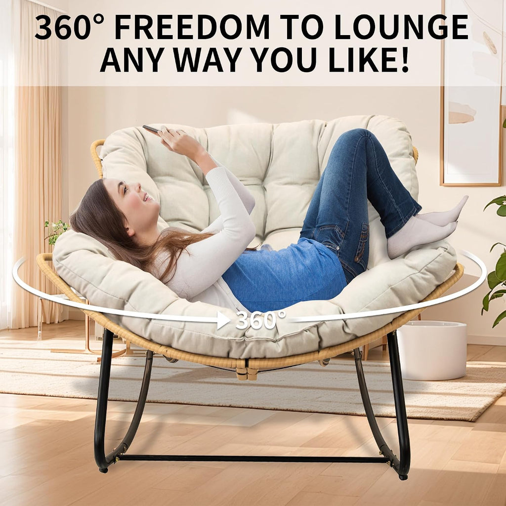 Patio Rocking Egg Chair - Outdoor Rocking Chair with Thick Cushion, Modern Indoor Outdoor Papasan Rocking Chair, Lounge Rocker for Balcony, Living Room, Bedroom, Porch, Patio, Lawn, Garden (Beige)