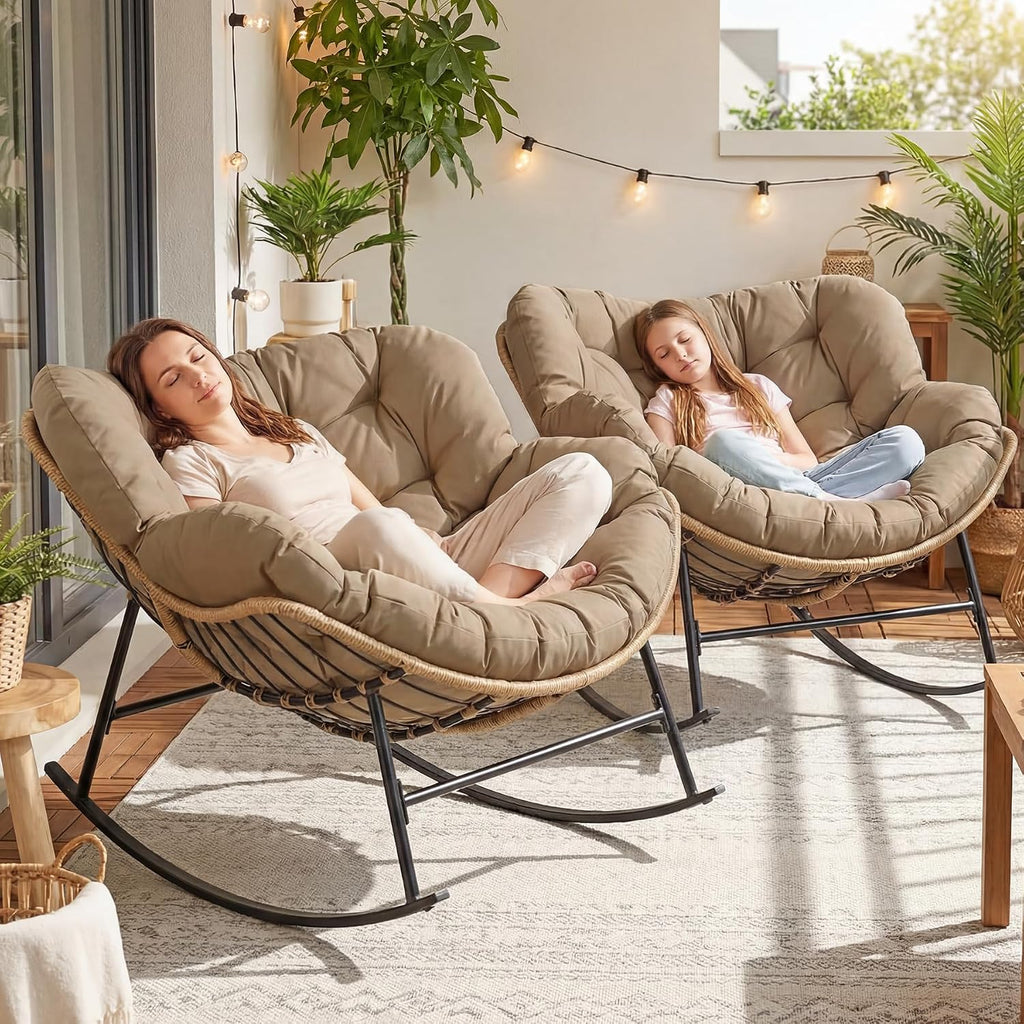 RADIATA 2 PCS Papasan Rocking Egg Chair, Indoor Outdoor Oversized Lounge Chair with Cushion, Double Wicker Rattan Rocker Loveseat, 450 lbs Capacity Outside Funiture for Patio Porch Livingroom Brown