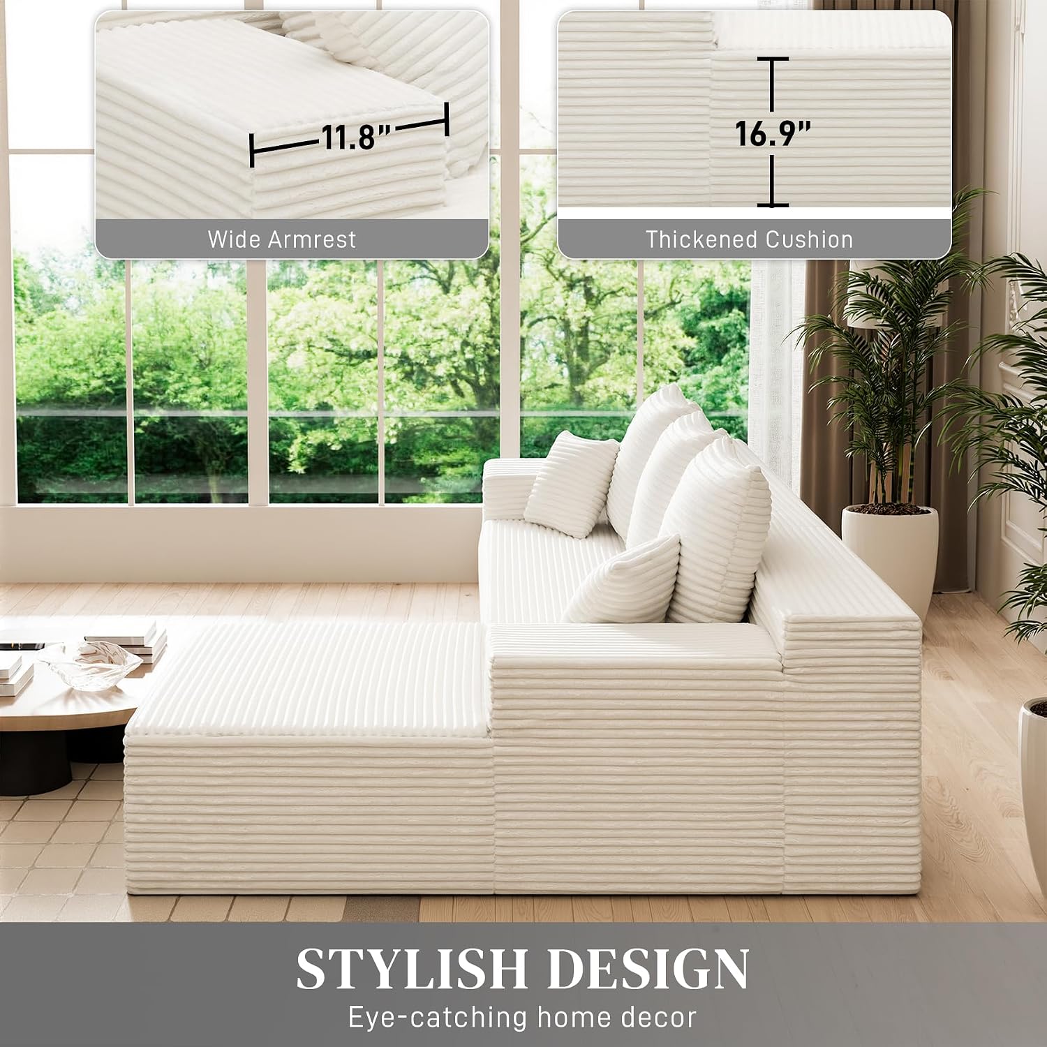 108' Boneless Couches for Living Room, L Shaped Comfy Cloud Modular Sectional Memory Foam Deep Seat Boneless Couch, No Assembly Required Boneless Sofa for Living Room with Right Facing Chaise, White