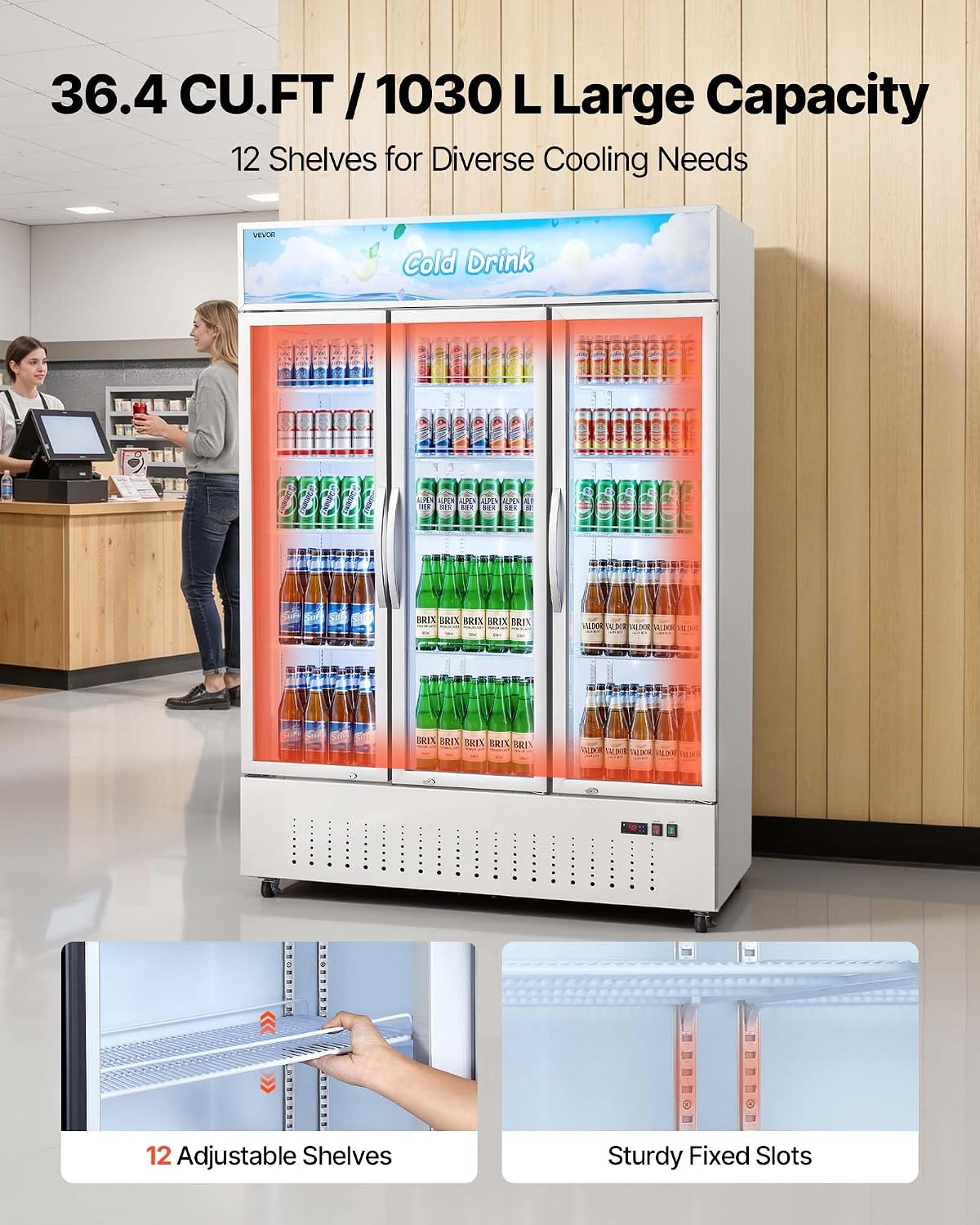 VEVOR Commercial Merchandiser Refrigerator, 36.4 Cu.Ft / 1030L Upright Beverage Cooler, 3 Glass Door Display Refrigerator with Customizable Lightbox, 12 Adjustable Shelves, Soft LED Lighting & Casters