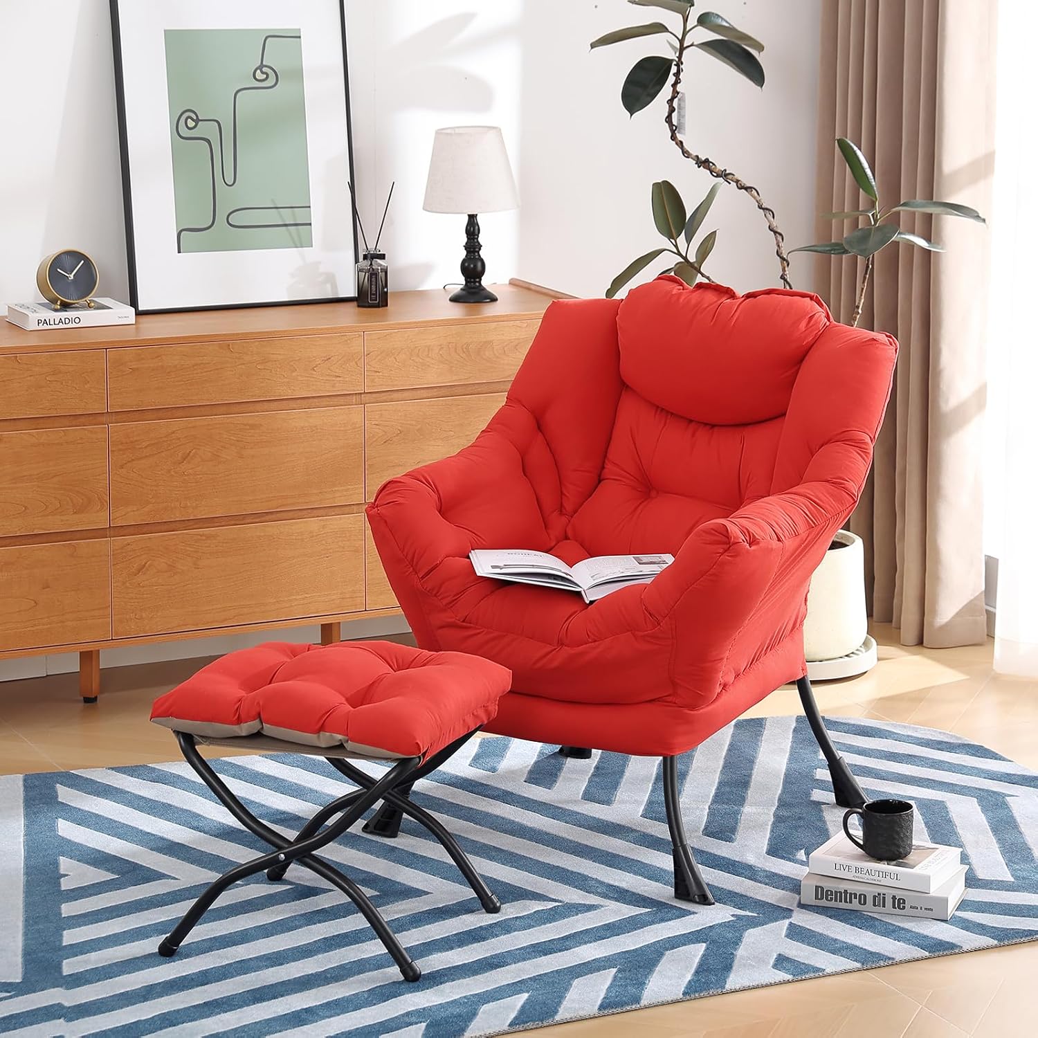 Furlide Lazy Chair with Ottoman, Modern Accent Chair with Armrests and a Side Pocket, Red Accent Chairs, Comfortable Reading Chairs, Oversized Armchairs for Bedroom, Study, Living Room, Courtyard