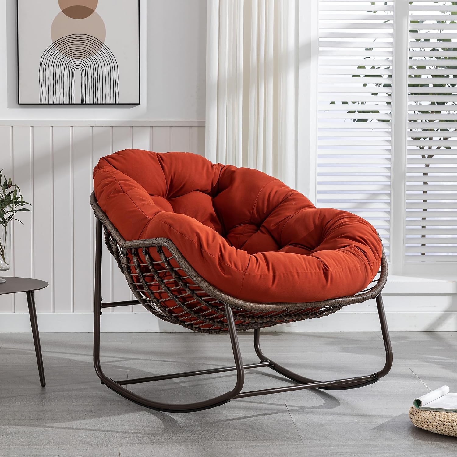 Patio Chairs Set of 2, Oversized Wicker Egg Rocking Chair,Indoor & Outdoor Upholstered Papasan Chairs, Modern Lounge Chair for Balcony,Living Room Patio, Front Porch, Garden