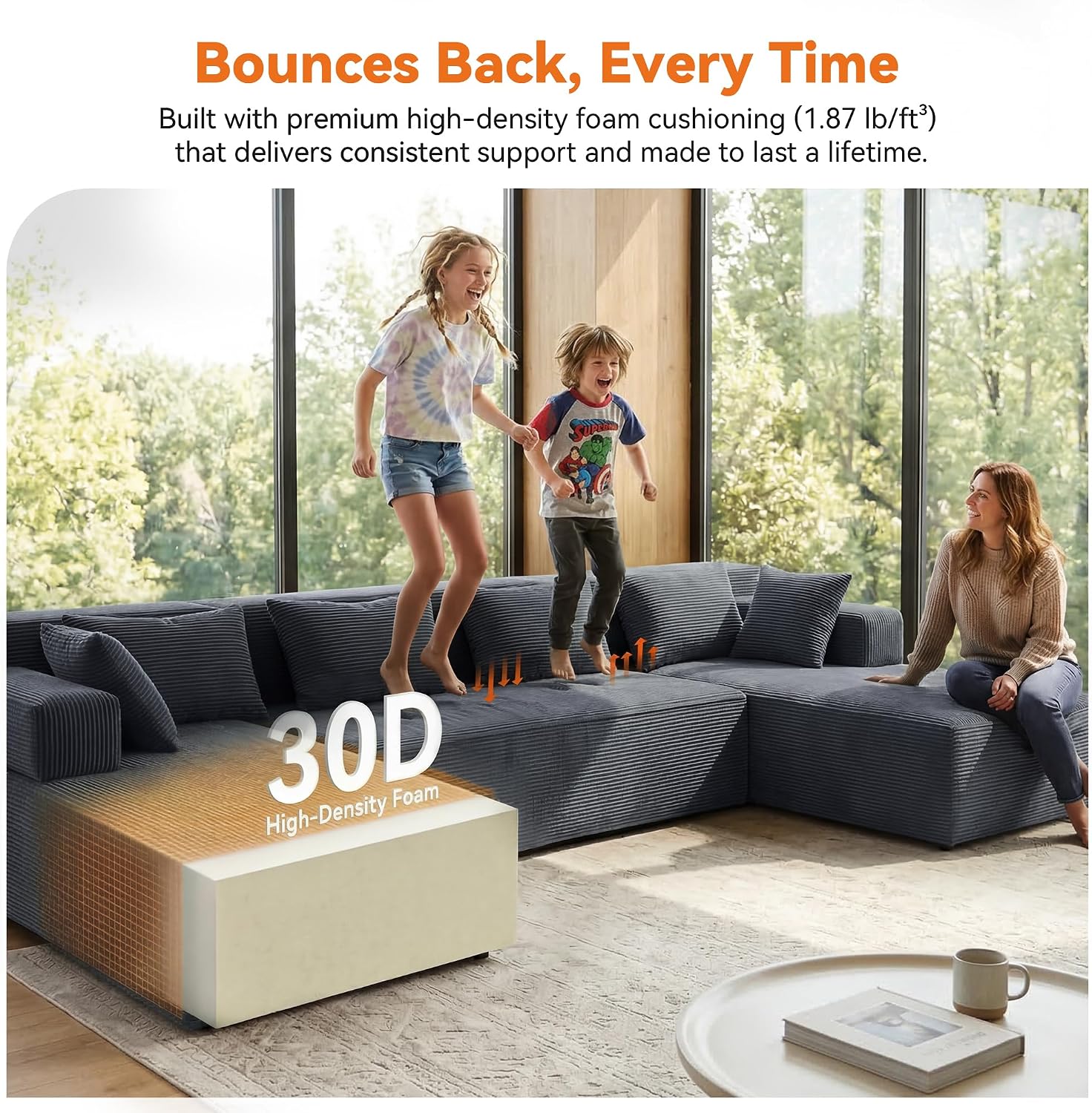 MONVANE 141' U Shaped Cloud Sectional Couch with Chaise Lounge, Modular Sectional Sofa with Removable Armrests, Comfy Corduroy Boneless Couches for Living Room, No Assembly Required, Grey