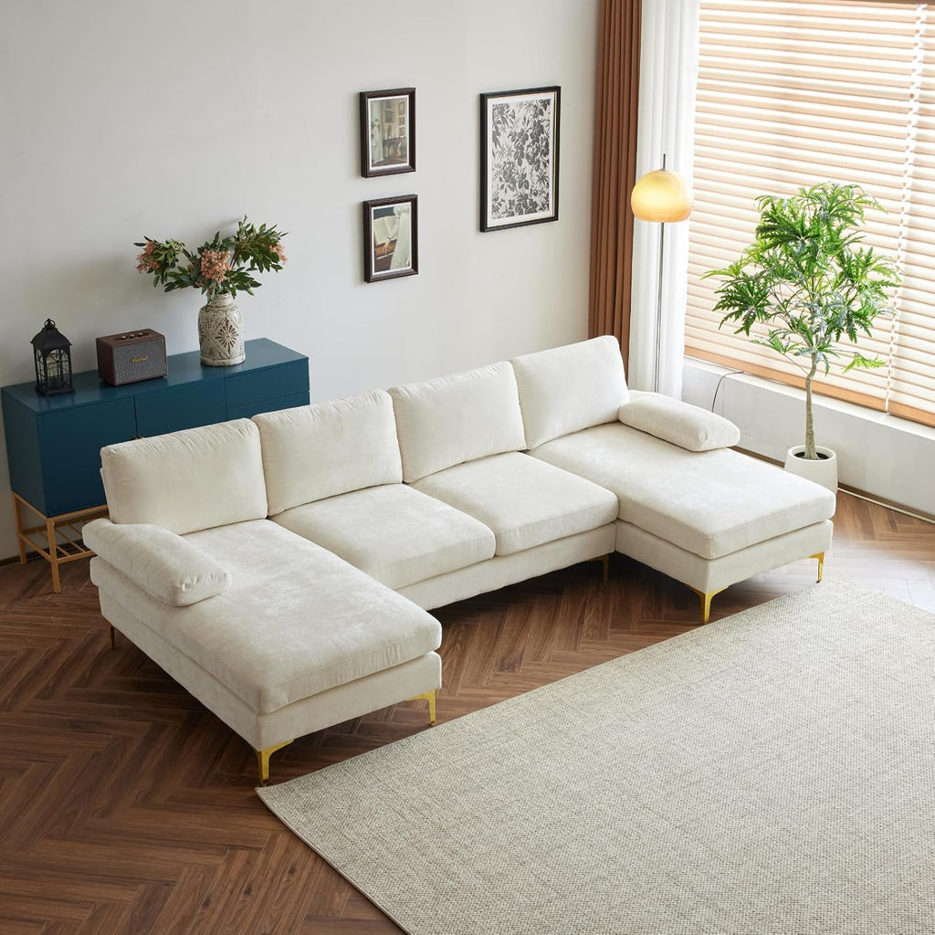 Karl home Convertible Sectional Sofa 110' U-Shape Sofa Couch 4-Seat Couch with Chaise ChenilleFabric Upholstered for Living Room, Apartment, Office, Creamy White