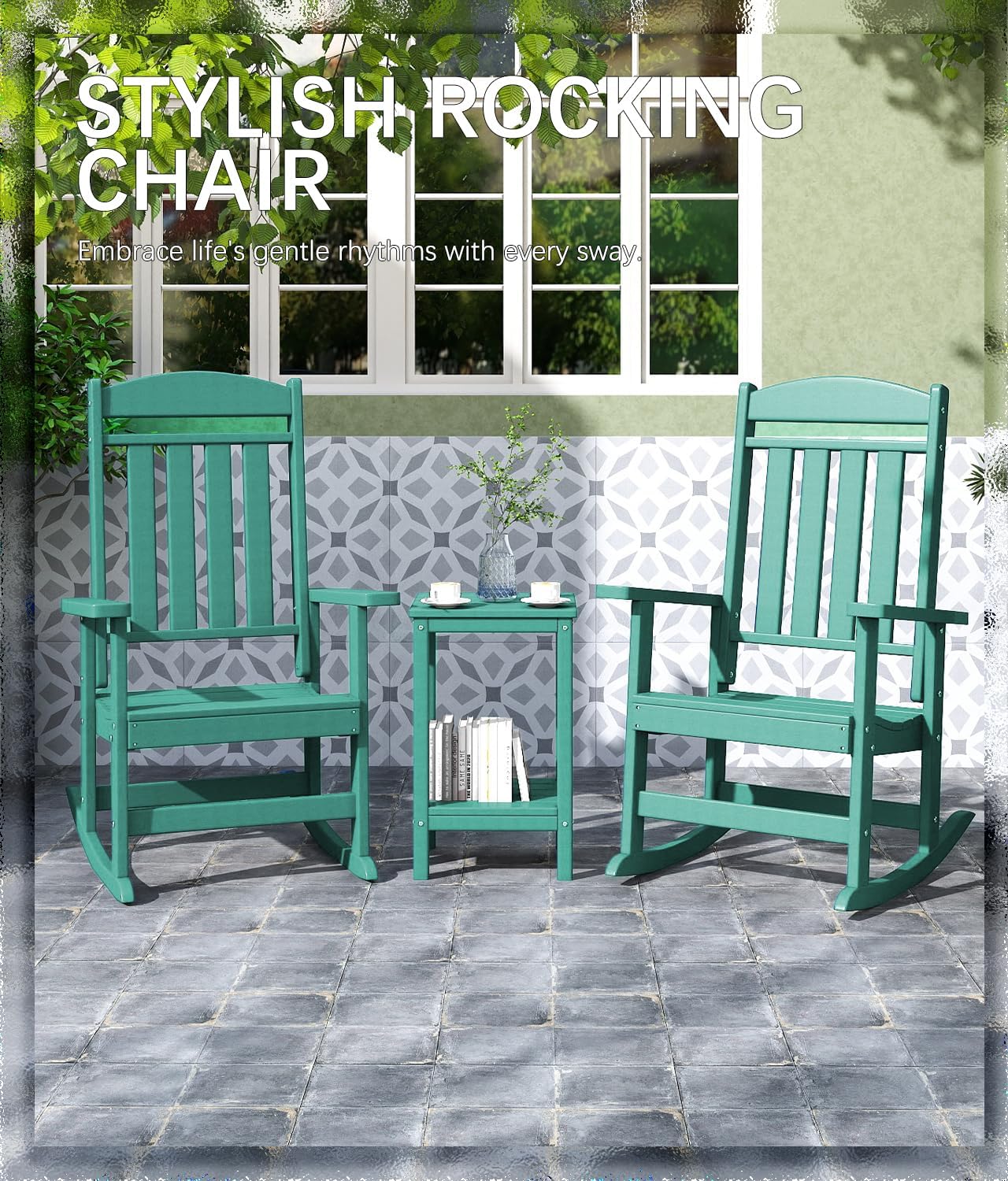 FOOWIN Outdoor Rocking Chair Set of 2, High Back Patio Rocking Chair, HDPE All Weather Resistant Porch Rocker for Adult, Oversized Rocking Chairs for Garden, Lawn, Indoor & Outdoor Use, Lake Blue
