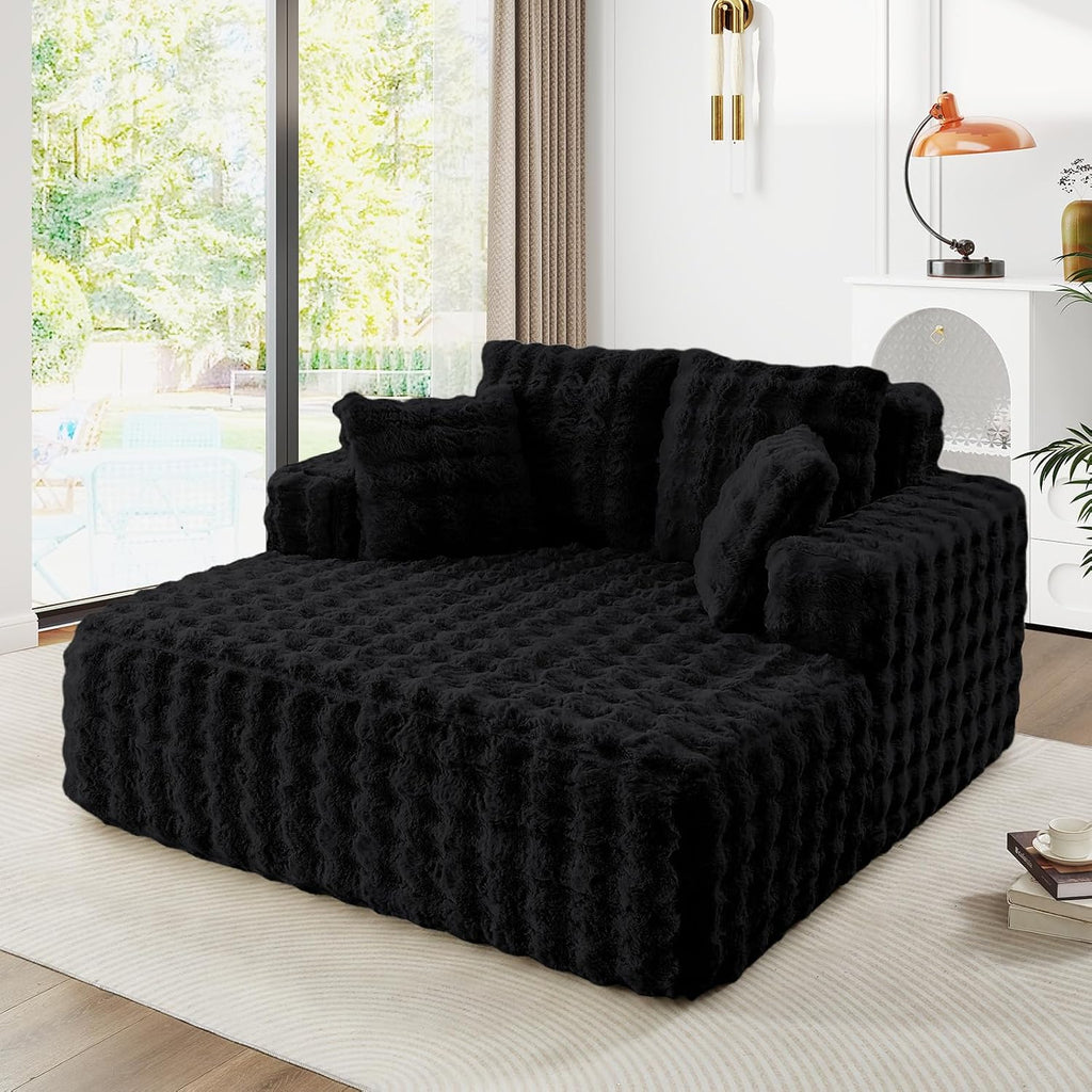 JEEOHEY 56' W Oversized Chaise Lounge Chair Indoor,Plush Faux Fur Sleeper Couch Sofa Bed with Pillows,Fluffy Comfy Cloud Sofa,Compression Foam Boneless Couch for Living Room,Bedroom(Bubble, Black)