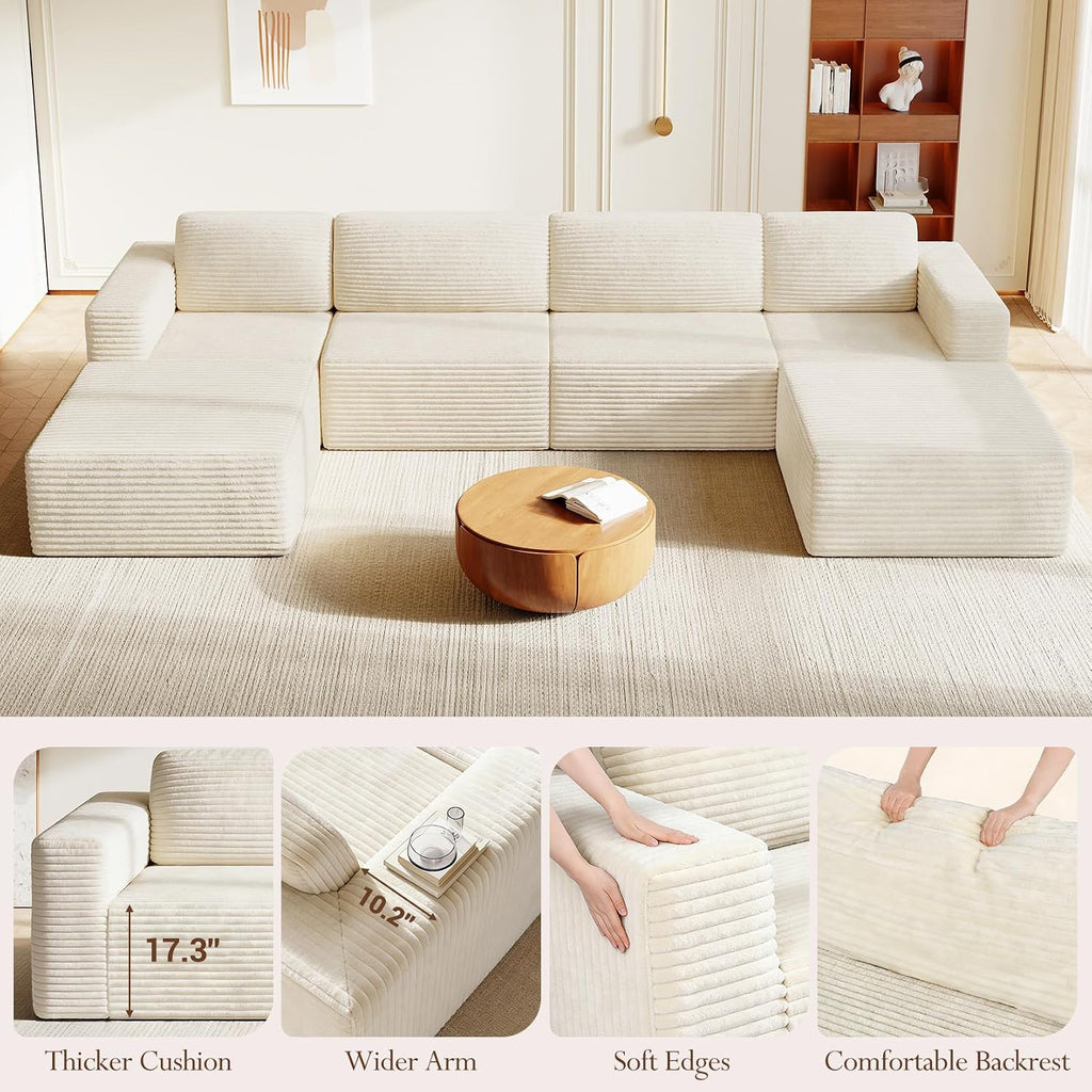 Vesgantti 159' Large Modular Sectional Sofa, U-Shaped Corduroy Cloud Couch with Deep Seats & Spring Support, 4-Seater Boneless Sofa with 2 Movable Ottomans, No Assembly Needed, Beige