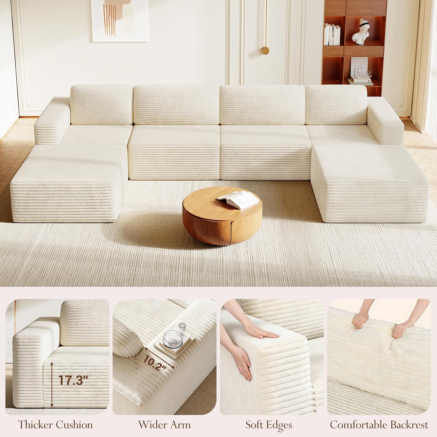 Vesgantti 159' Large Modular Sectional Sofa, U-Shaped Corduroy Cloud Couch with Deep Seats & Spring Support, 4-Seater Boneless Sofa with 2 Movable Ottomans, No Assembly Needed, Beige