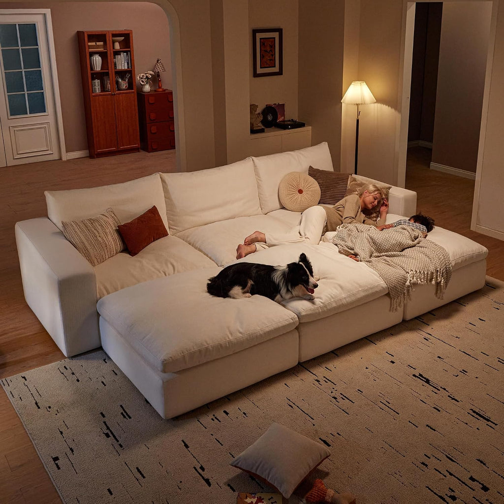 Cloud Couch Sectional 113.2'' Oversized Modular Deep Seat Sofa L Shaped Comfy White Cloud Couch with Washable Cover for Living Room 3 Seater with 1 Ottoman