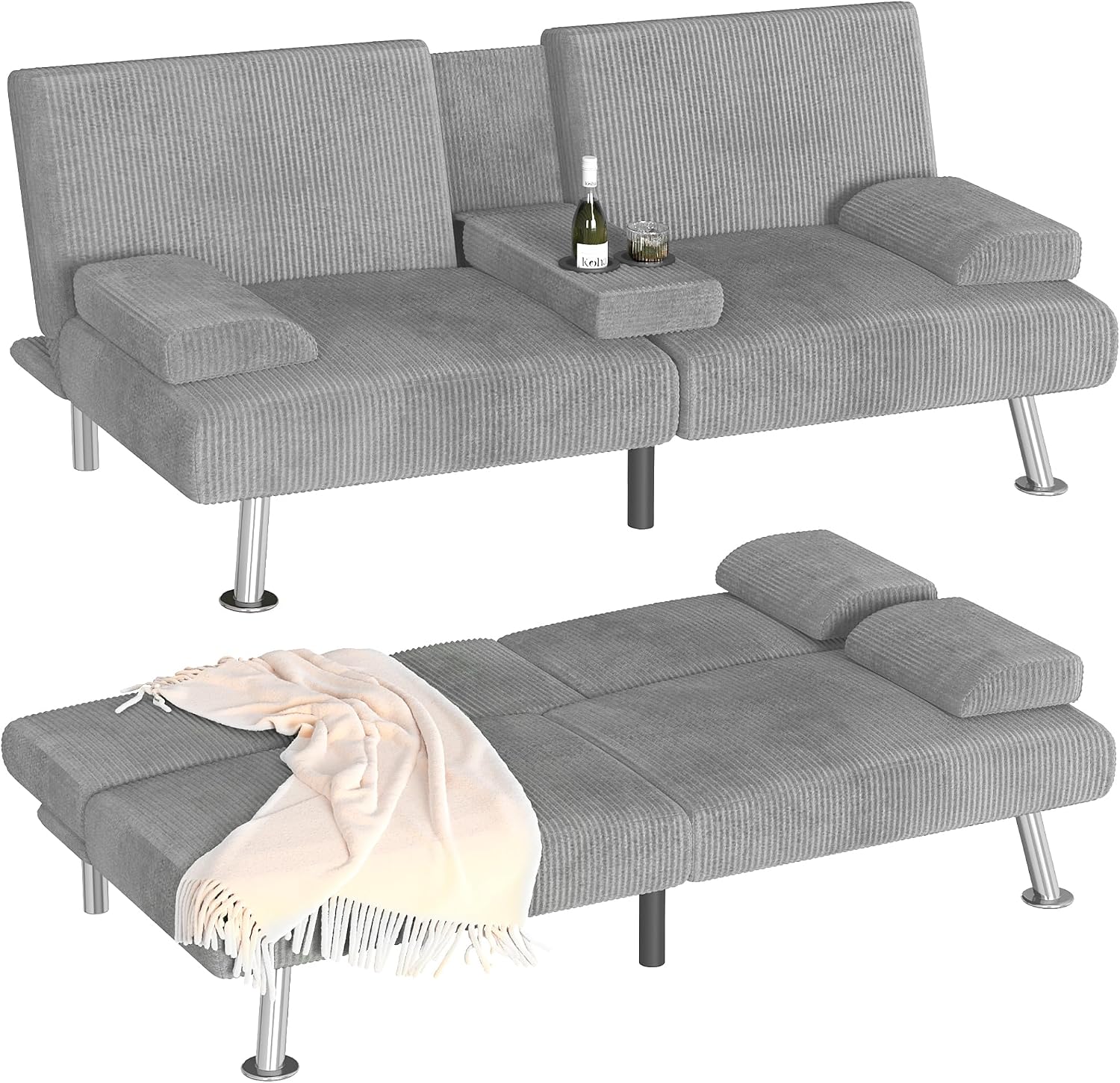 Homall Futon Sofa Bed, Futon Couch with Removable Armrests, Adjustable Recliner Sleeper Sofa Bed with Dual Cup Holders for Living Room, Apartment, Office (Corduroy, Grey)