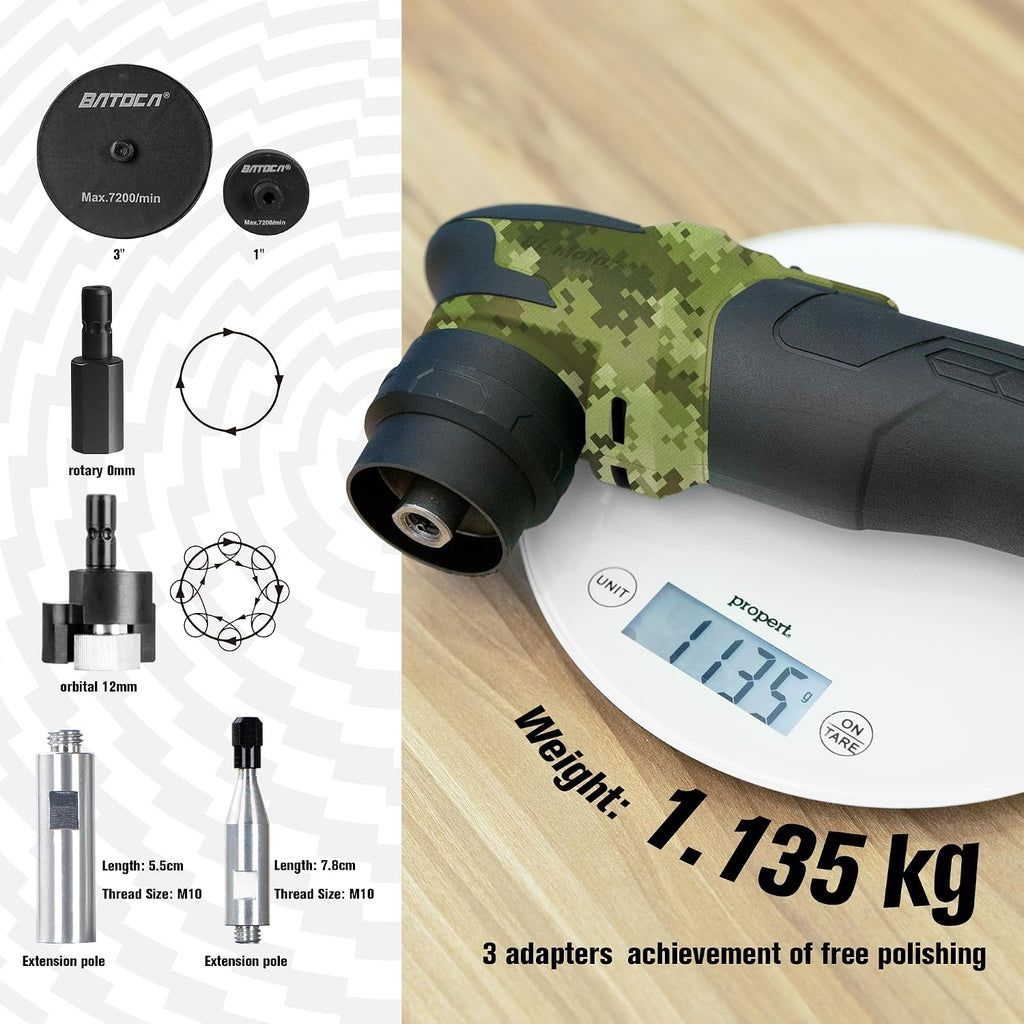 BATOCA S4 Cordless Multi-Polisher-Set, with 2Pcs 12V 2.5Ah Batteries, RO&DA Car Buffer Polisher, 1&3inch Mini Brushless Polisher for Car Detailing, Camouflage Pattern Style
