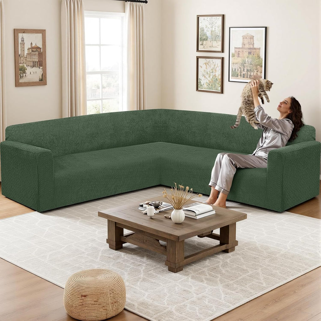 HDCAXKJ Sectional Couch Cover L Shape Stretch Sofa Covers Washable Jacquard Corner Couch Slipcover Non Slip Sectional Slip Cover U Shaped Furniture Protector for Pets Dogs (Army Green, X-Large)