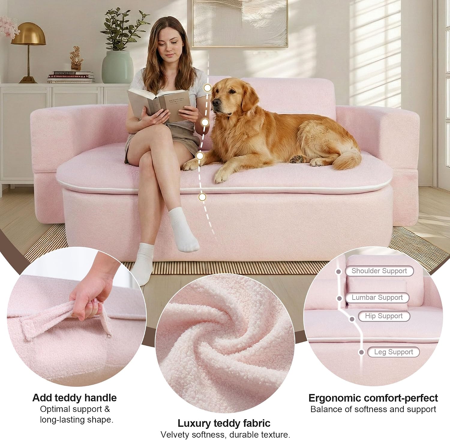 75'' Folding Sleeper Sofa Bed, Convertible Memory Foam Boneless Couch, Foldable Full Size Guest Bed, Modern 2-in-1 Futon Floor Sleeper Sofa with 4 Pillows and Blanket (Teddy, Pink2)