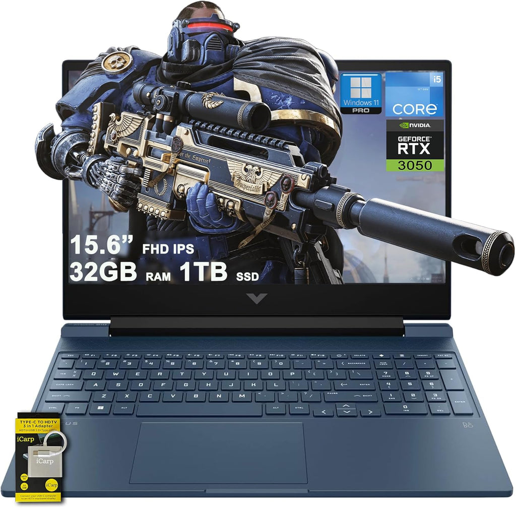 HP Victus 15 Gaming Laptop 15.6' FHD IPS Anti-Glare 144Hz Intel 8-core i5-12450H (> i7-11800H) 32GB RAM 1TB SSD GeForce RTX 3050 Backlit B&O Fast Charge Win11Pro w/ICP Accessory