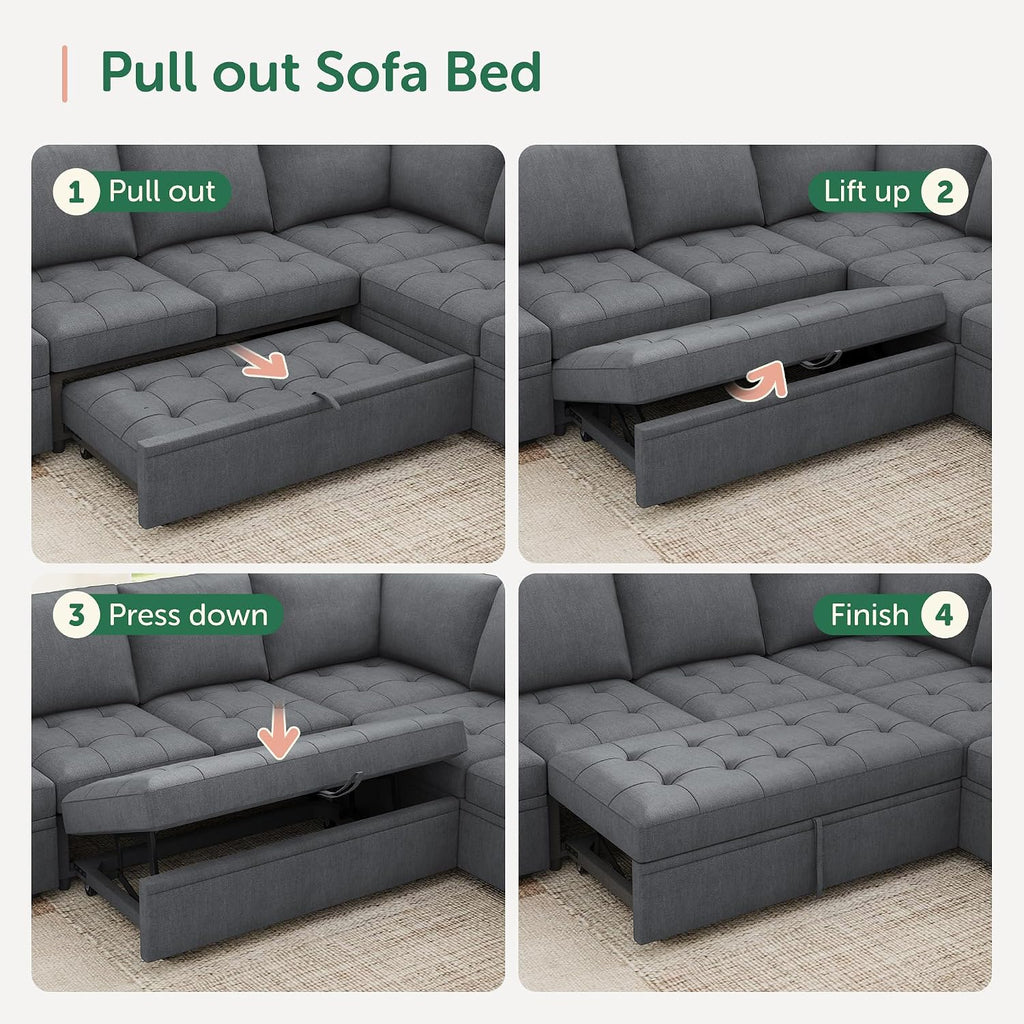 HONBAY Modular Sectional Couch with Pull Out Bed,Moduar Sleeper Sofa with Storage,U Shaped Sectional Couches for Living Room,Bluish Grey