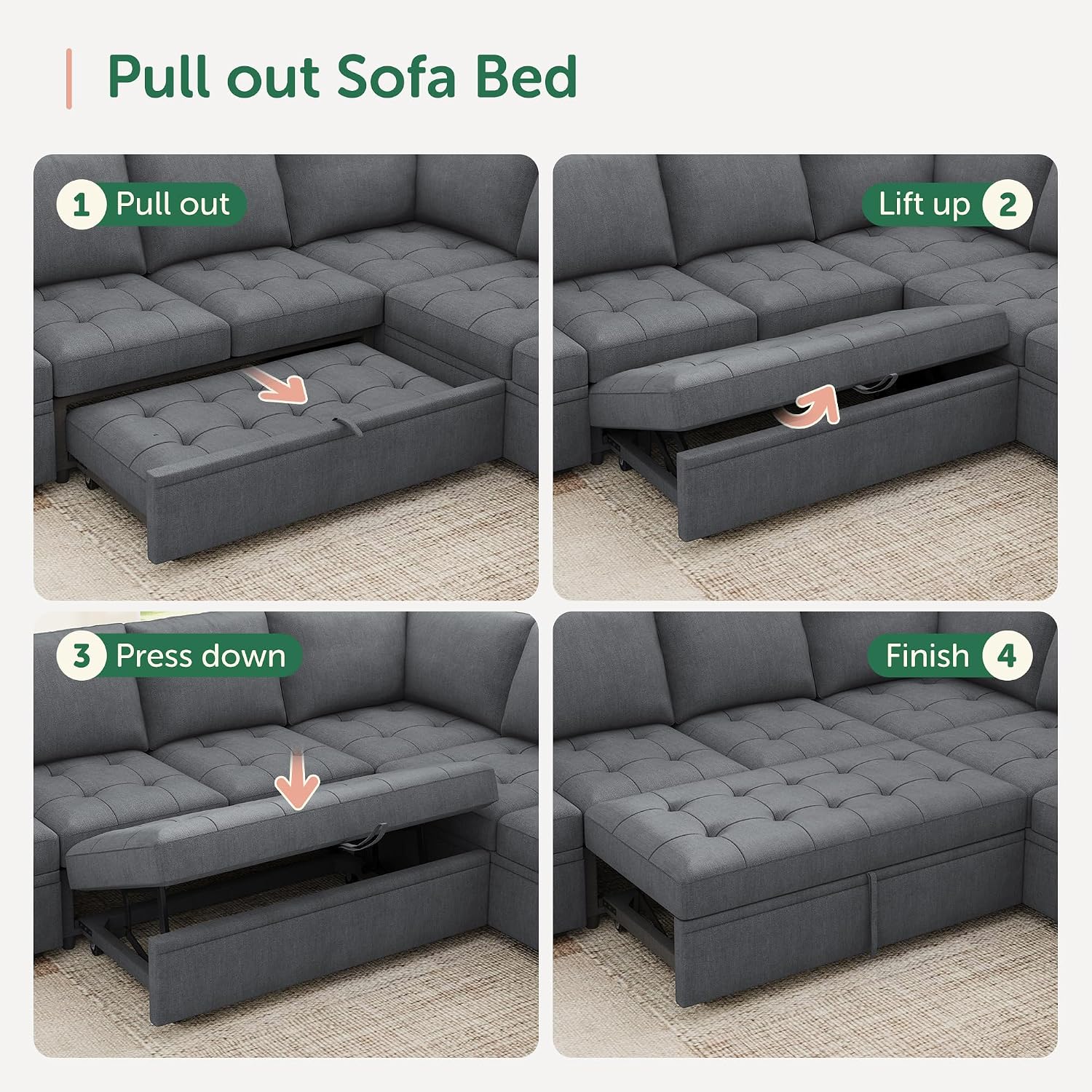 HONBAY Modular Sectional Couch with Pull Out Bed,Moduar Sleeper Sofa with Storage,U Shaped Sectional Couches for Living Room,Bluish Grey