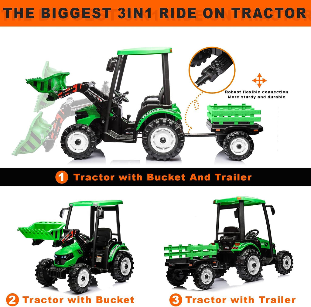 Kidsera 24V Kids Ride on Tractor with Trailer & Front Loader, 3 In1 Tractor 4-Gearbox 24volt Dual Motors Metal Frame, 24V Ride on Toys for Big Kids, Power Wheels Kids Electric Vehicles (Green)