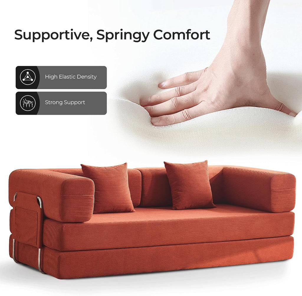 79' Convertible Sofa Bed with Pillows, Corduroy Folding Sleeper Sofa with Fixed-Shape Frame, Boneless Couch for Living Room Bedroom, Floor Sofa Lounge No Assembly Required (A - Style-Orange)