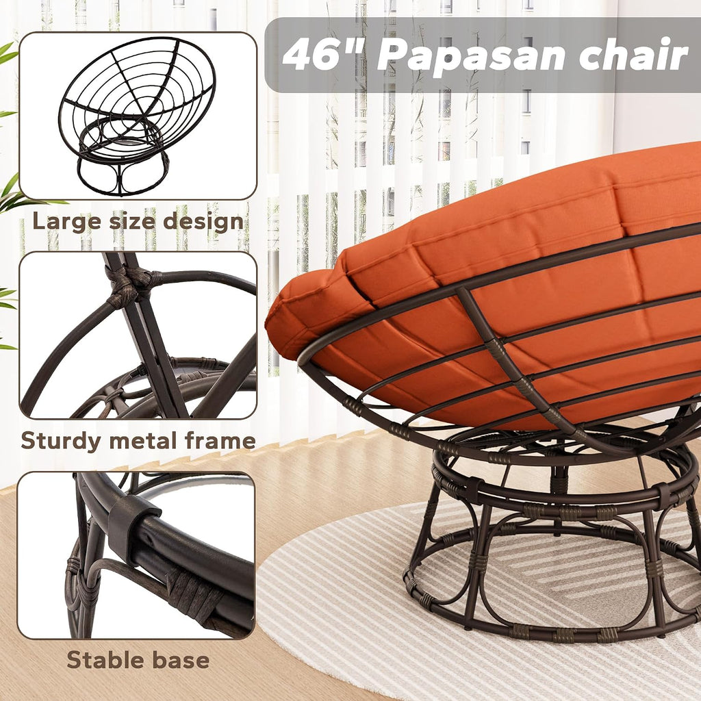 46'' Large Size Papasan Chair (Non-Swivel) with Cushion and Frame, Round Lazy Chair for Living Room and Bedroom, Orange