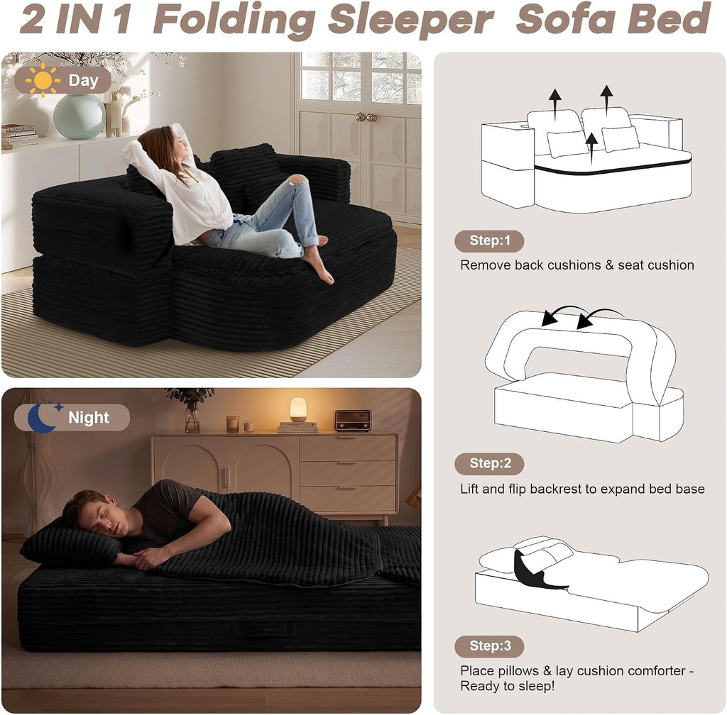 75'' Folding Sleeper Sofa Bed, Convertible Memory Foam Boneless Couch, Foldable Full Size Guest Bed, Modern 2-in-1 Futon Floor Sleeper Sofa with 4 Pillows and Blanket (Corduroy, Black)