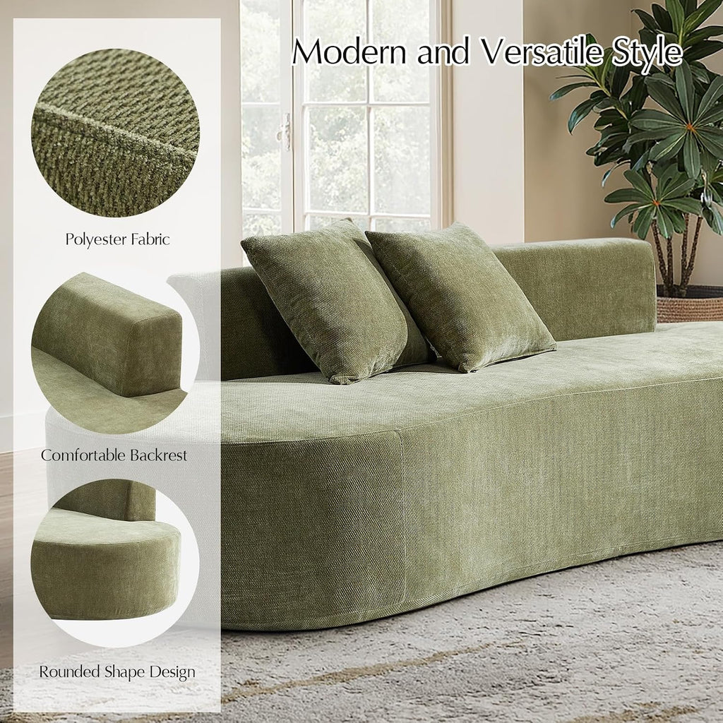 HULALA HOME 94.5' Curved Boneless Couch with Two Pillows, Oversized 3 Seater Compressed Foam Sofa with Deep Seat, Modern Cloud Couch for Living Room, No Assembly Required, Olive