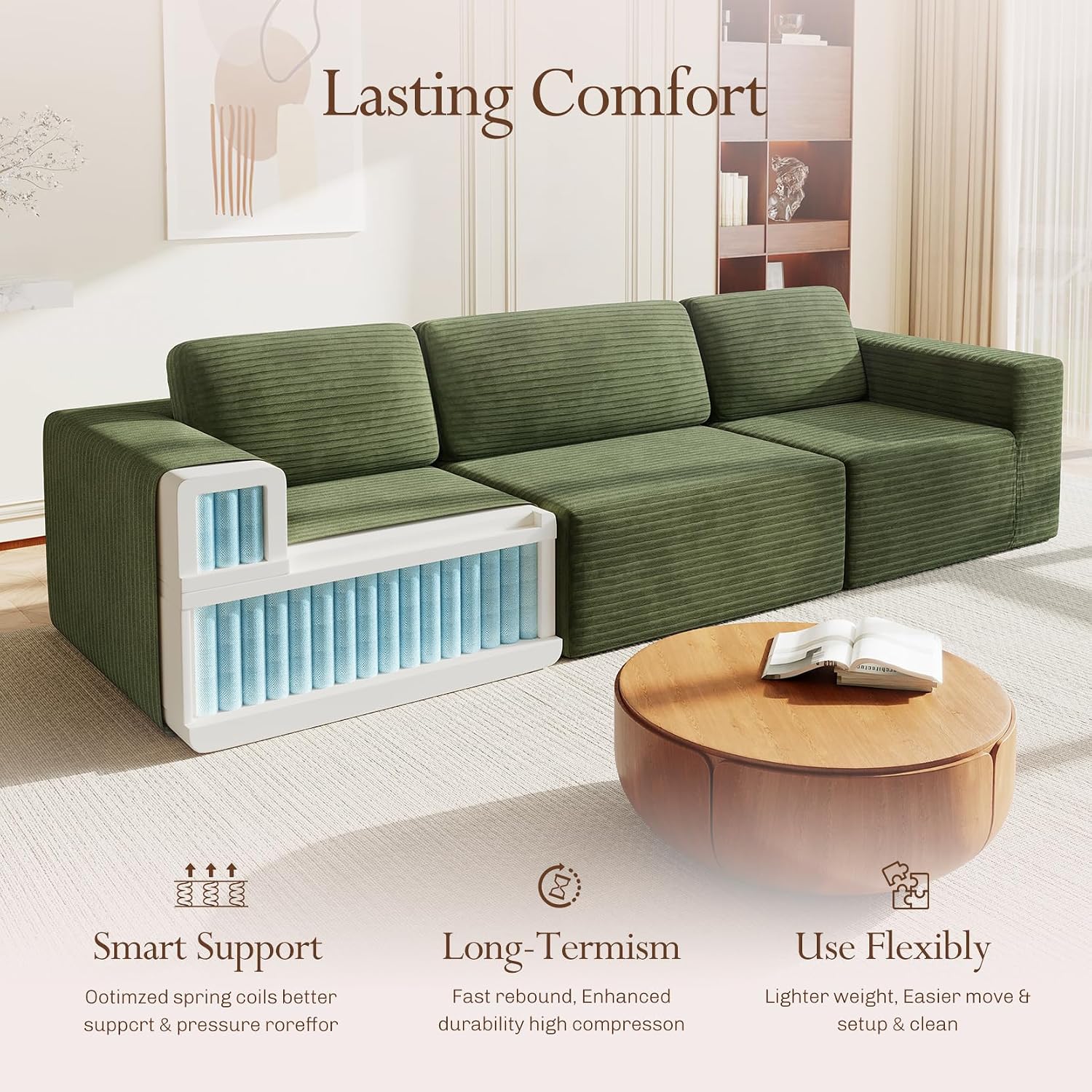 Vesgantti 119' Modular Sectional Sofa, Corduroy Cloud Couch with Deep Seating & Spring Support, 3 Seater Flexible Layout Sofa, Boneless Couch for Living Room & Apartment, No Assembly Required, Green
