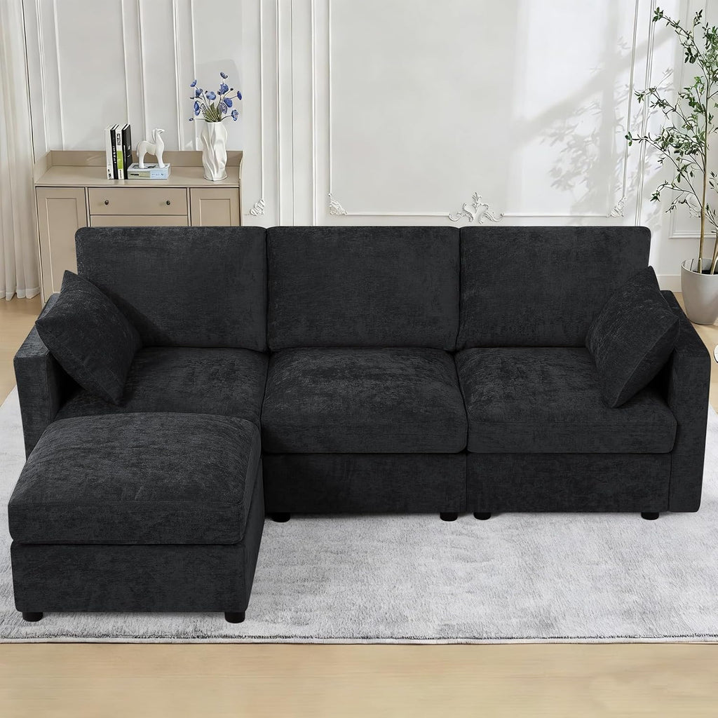 84 Inches Chenille 3-Seater Couch W/Movable Ottoman, Upholstered Sectional Sofa w/Soft Backrest, Modern Fabric L Shaped Couch w/Armrest Pillows for Living Room, Office, Black