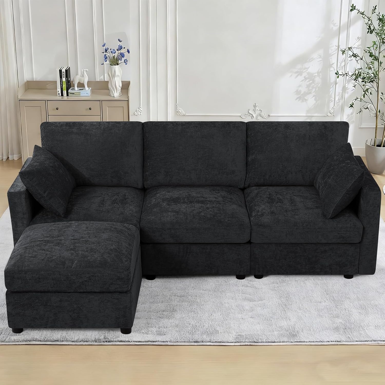 84 Inches Chenille 3-Seater Couch W/Movable Ottoman, Upholstered Sectional Sofa w/Soft Backrest, Modern Fabric L Shaped Couch w/Armrest Pillows for Living Room, Office, Black