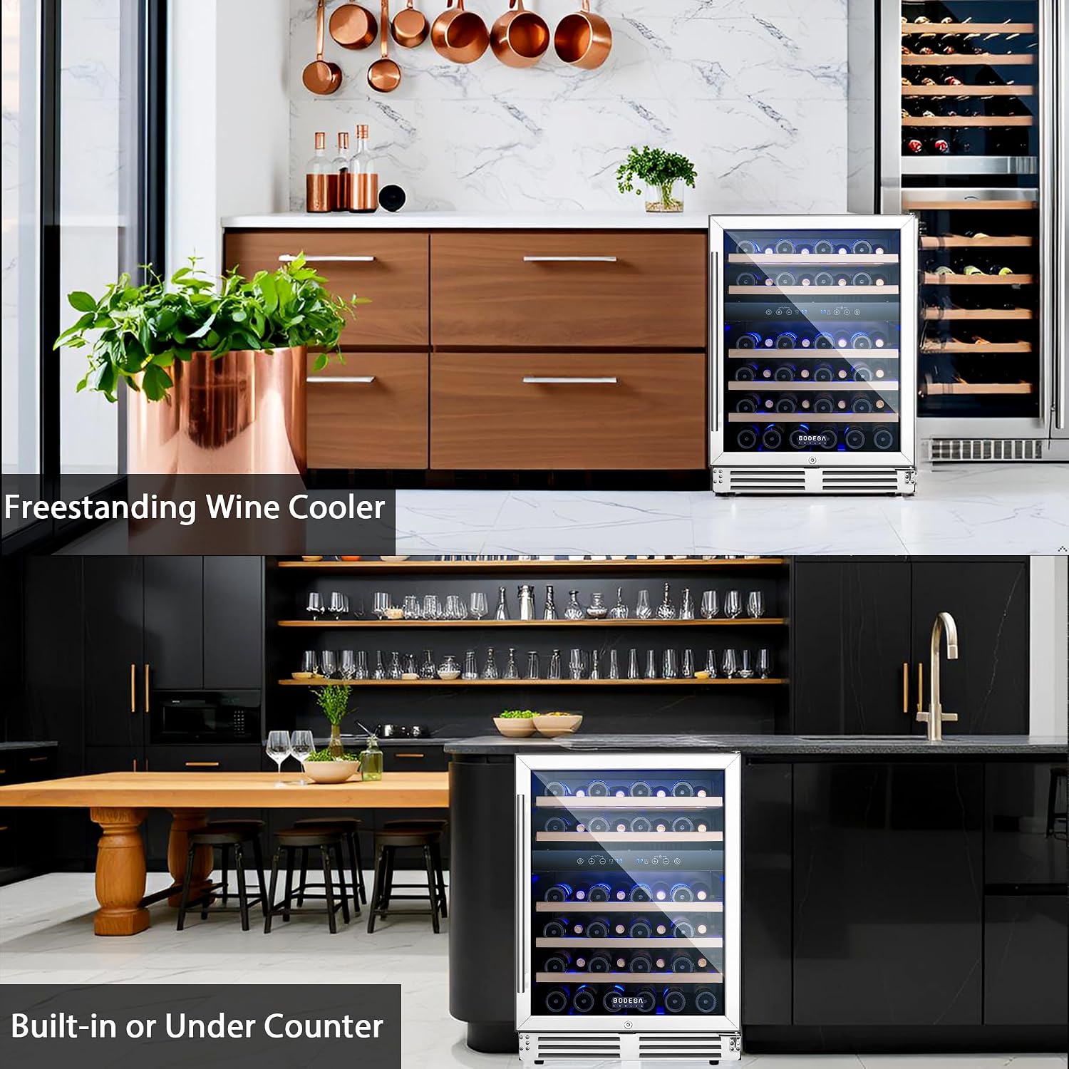 BODEGA 24 inch Wine Cooler, 46 Bottle, Under Counter Wine Cooler 24'' with Adjustable Shelves, Built-in Wine Refrigerators Free standing, Energy Efficient, Dual Zone Wine Fridge for Home Bar Office.