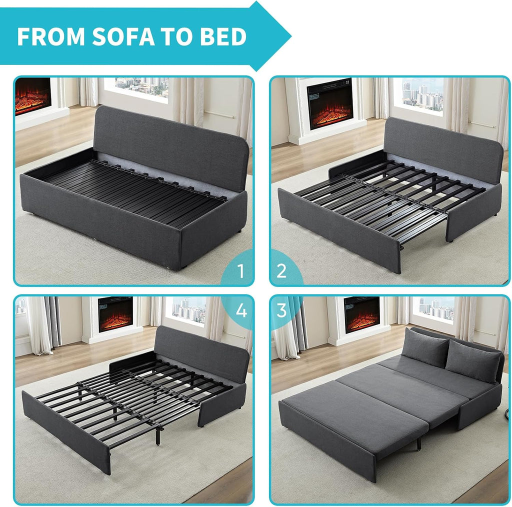 CECER 64.2' Queen Size Pull Out Sofa Bed, Pull Out Couch Bed with 2 Pillows, Linen Convertible Sleeper Sofa with Comfy Mattress, 2 in 1 Armless Loveseat Sleeper for Living Room-Dark Grey