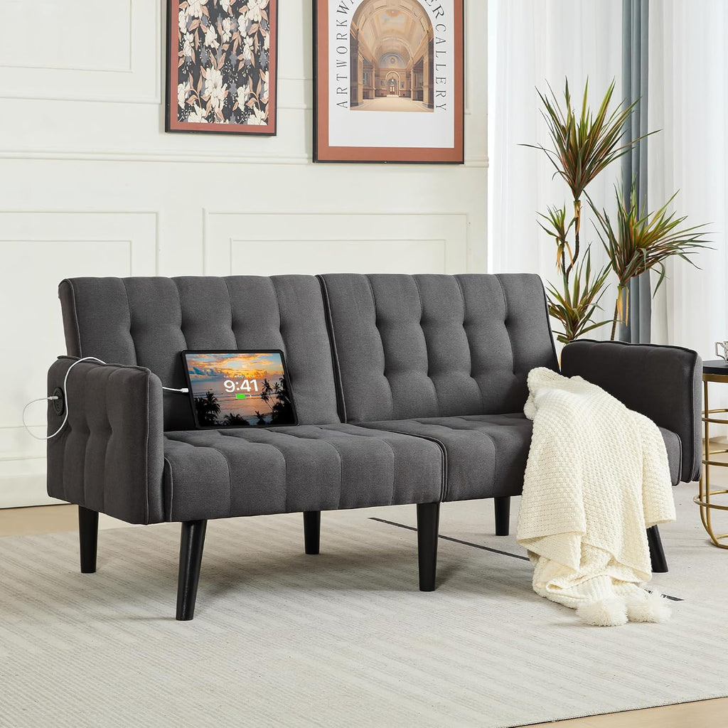 TYBOATLE 65' Convertible Futon Sofa Bed w/ 2 USB, Upholstered Tufted Small Adjustable Folding Couch Loveseat, Modern Mid Century Sleeper Sofa for Living Room, Bedroom, Apartment, Office (Dark Grey)