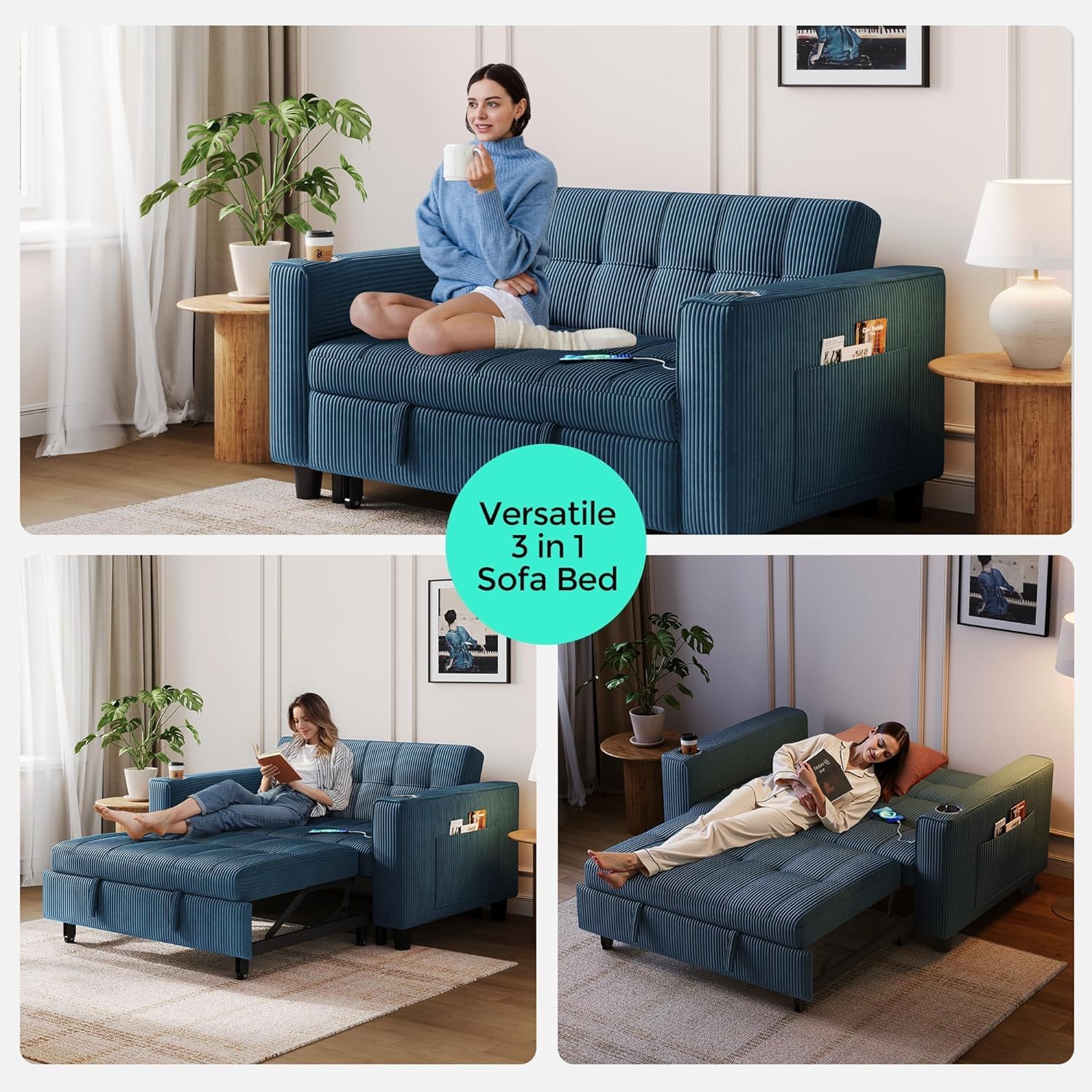 LINSY Sleeper Sofa Bed, 54' Pull Out Couch with Charging Station & Cup Holder, Small 3 in 1 Convertible Loveseat Sleeper Couch for Apartment, Dorm Room, Bedroom and Small Space(Corduroy Blue)