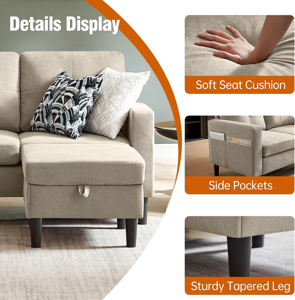 80' Convertible Sectional Sofa Couch with Movable Ottoman, 3 Seats Sectional Sofas L Shaped Couch for Small Spaces, Soft Fabric Couch for Living Room (Beige)