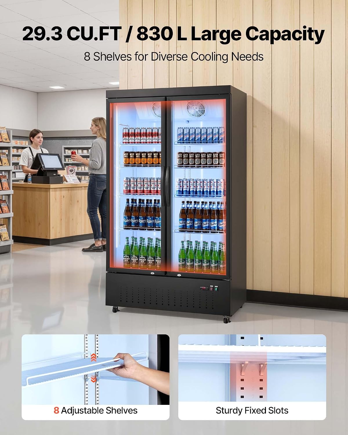VEVOR Commercial Merchandiser Refrigerator, 29.3 Cu.Ft / 830L Upright Beverage Cooler, 2 Glass Door Display Refrigerator with 8 Adjustable Shelves, Soft LED Light & Casters for Bars Shops Supermarkets