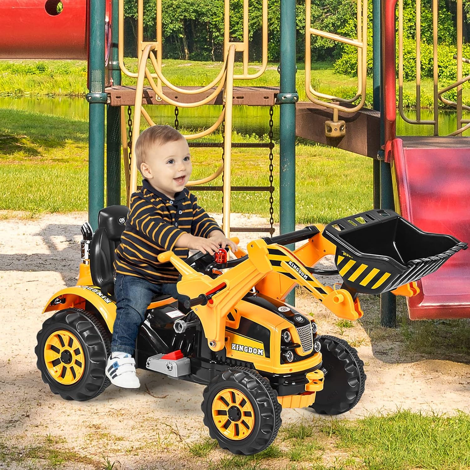 Costzon Ride on Excavator, 12V Battery Powered Construction Vehicles for Kids with Front Loader, Horn, Safety Belt, Treaded Wheels, Ride on Bulldozer Truck, Excavator Ride on Toy Gift for Boys Girls