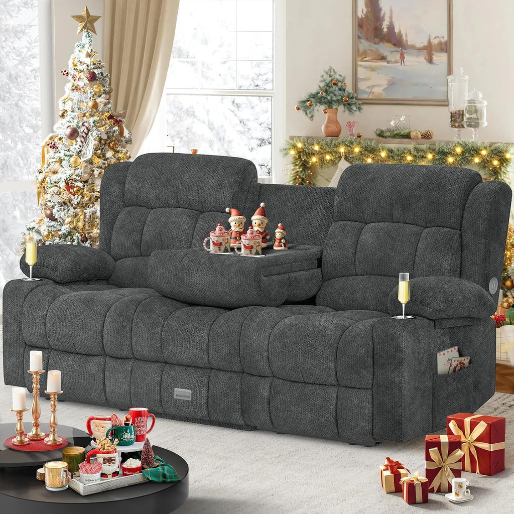 Dresegmt Loveseat Recliner Sofa, Flip Middle Backrest Design 3 Seat Reclining Sofa with Storage Drawer, USB Ports & Cup Holders, Manual Couch for Living Room/RV (New Gray)