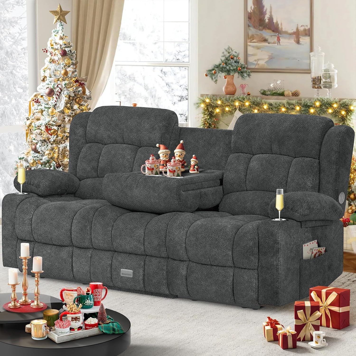 Dresegmt Loveseat Recliner Sofa, Flip Middle Backrest Design 3 Seat Reclining Sofa with Storage Drawer, USB Ports & Cup Holders, Manual Couch for Living Room/RV (New Gray)
