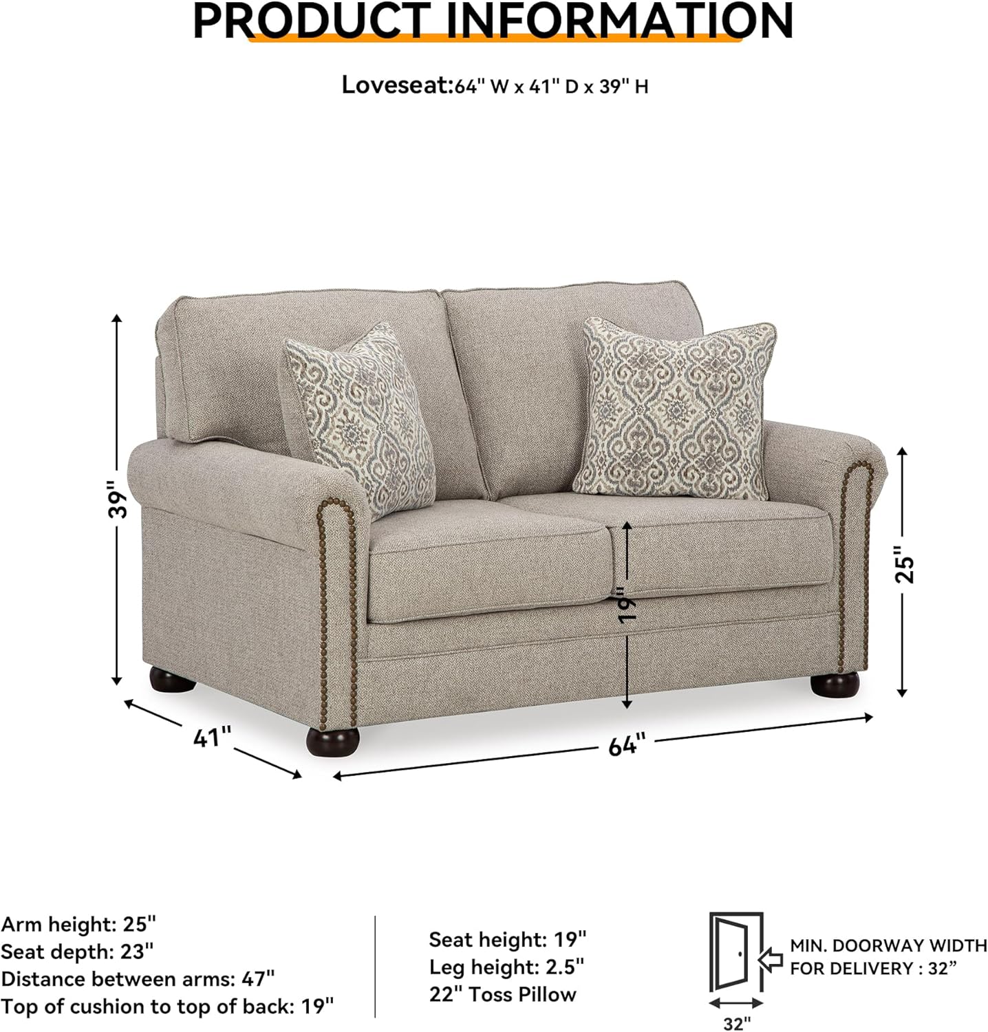 Signature Design by Ashley Gaelon Transitional Loveseat with Nailheads and 2 Accent Pillows, Beige