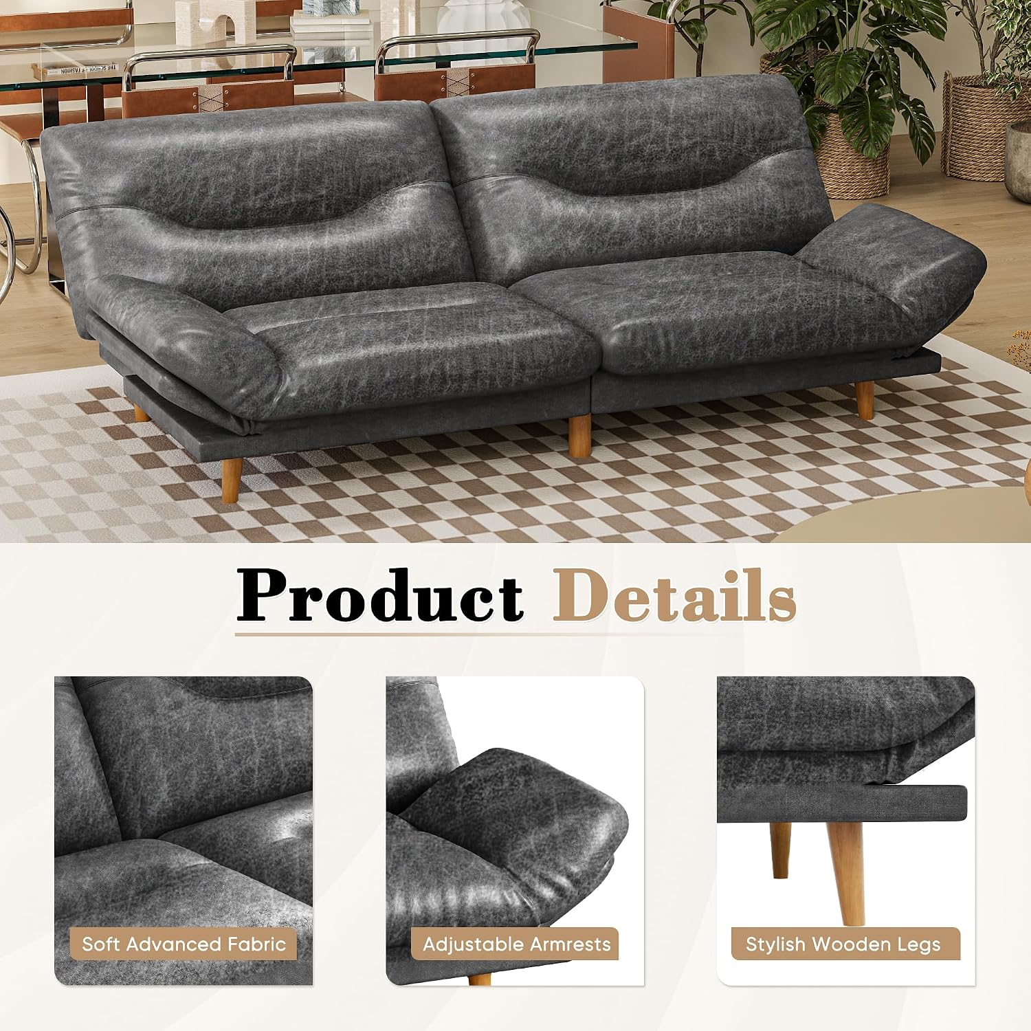 Homall Futon Sofa Bed, Modern Loveseat Futon Couch with Adjustable Backrest and Armrests, Sleeper Sofa Bed with Wood Frame for Living Room, Office, Apartment (Leathaire, Coal Black)